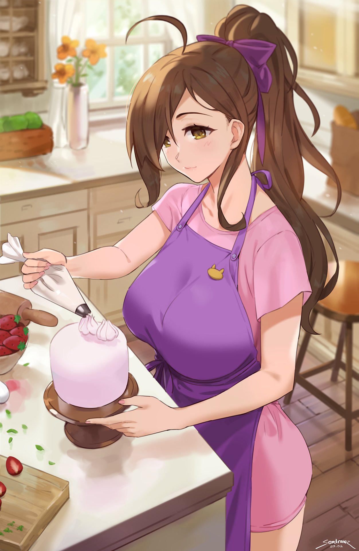 Wallpaper, Kono Subarashii Sekai ni Shukufuku wo, anime girls, huge breasts, long hair, 2D, thighs, brunette, smiling, blushing, ponytail, apron, cooking, cake, strawberries, Wiz Konosuba, vertical, brown eyes, fan art, sendo