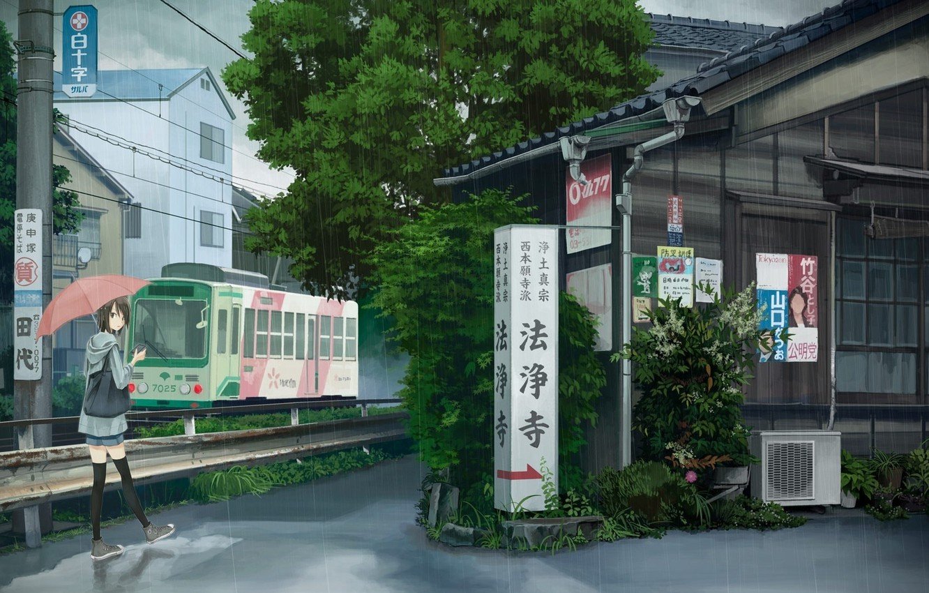 Wallpaper rain, umbrella, anime, Japan, art, girl, tram image for desktop, section прочее