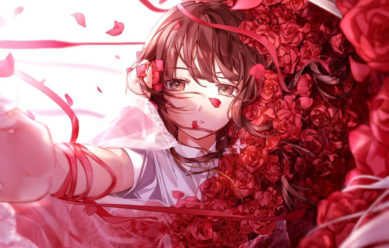 Wallpaper girl, roses, bouquet, red roses image for desktop, section арт