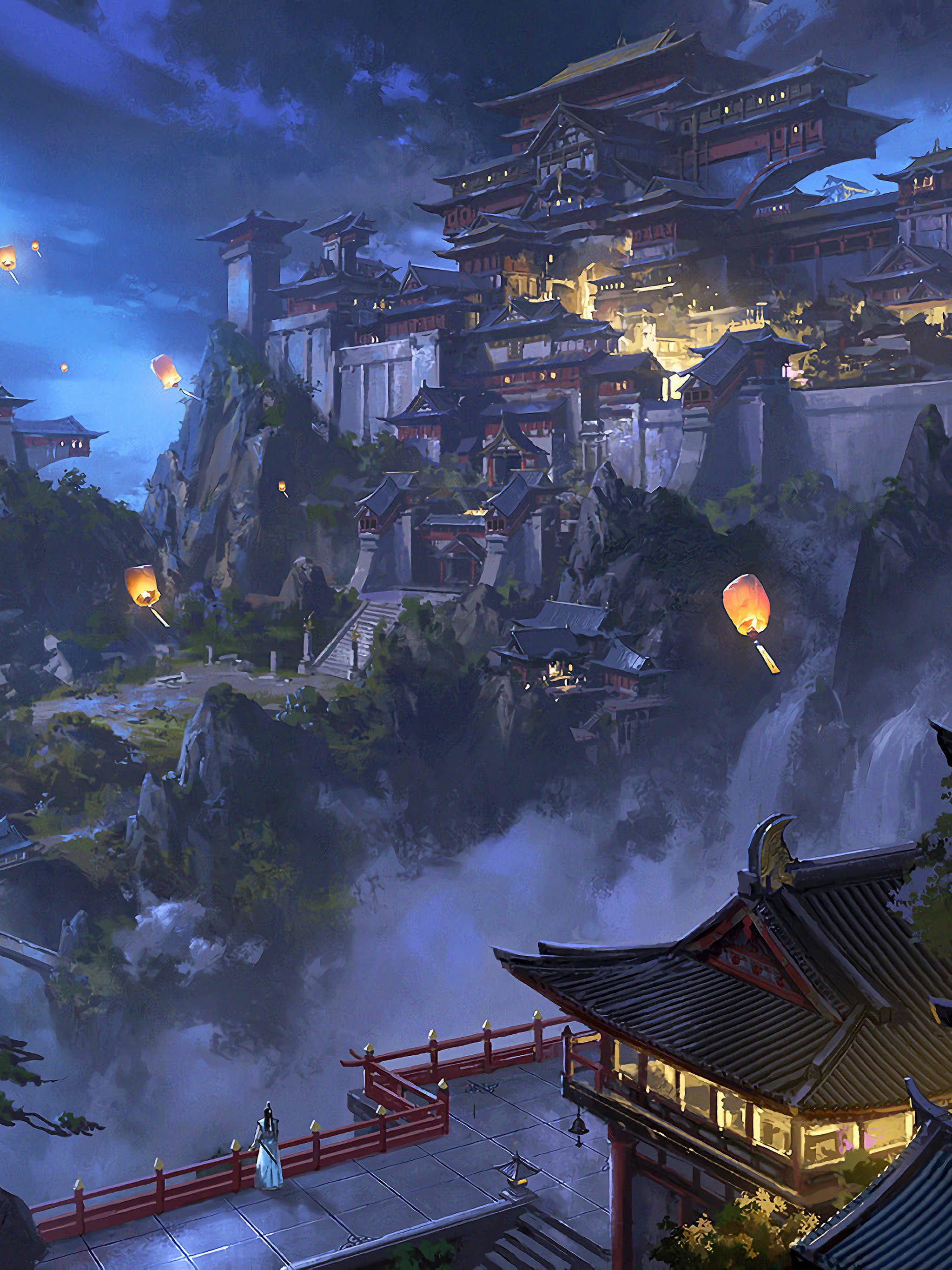 Anime Sky Lantern Mountain Japanese Castle Night Scenery 4K Wallpaper