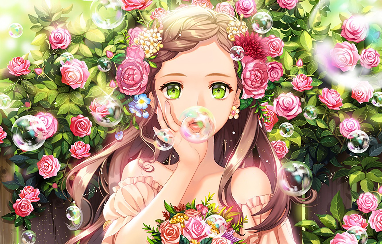 Wallpaper look, flowers, roses, anime, art, girl image for desktop, section прочее
