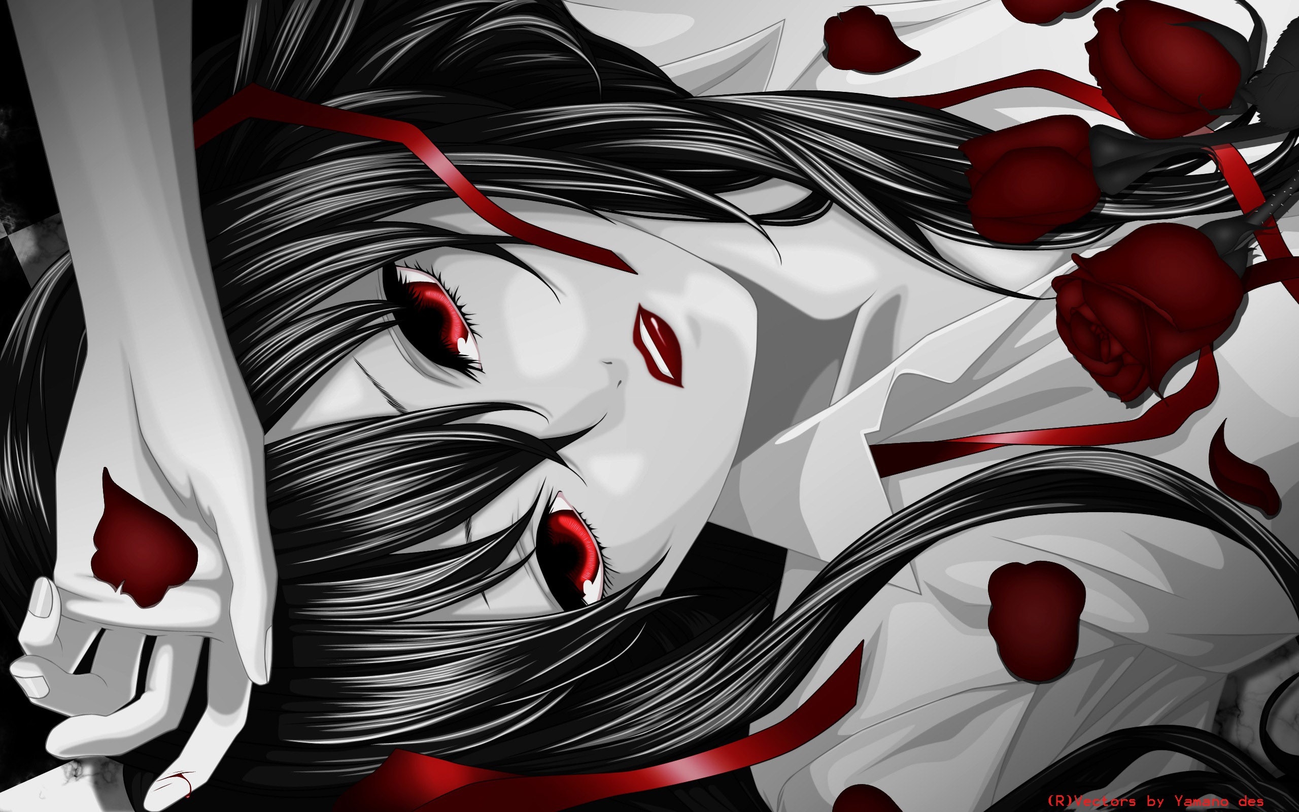 Download Wallpaper, Download red eyes lying down monochrome roses anime girls 2560x1600 wallpaper Wallpaper –Free Wallpaper Download