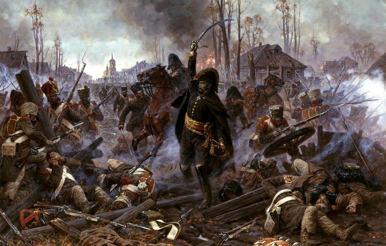 Wallpaper oil, picture, canvas, Patriotic war, Aleksandr Yurievich Averyanov, 12 October 1812", "General A. J. Delzon in the battle for Maloyaroslavets image for desktop, section живопись
