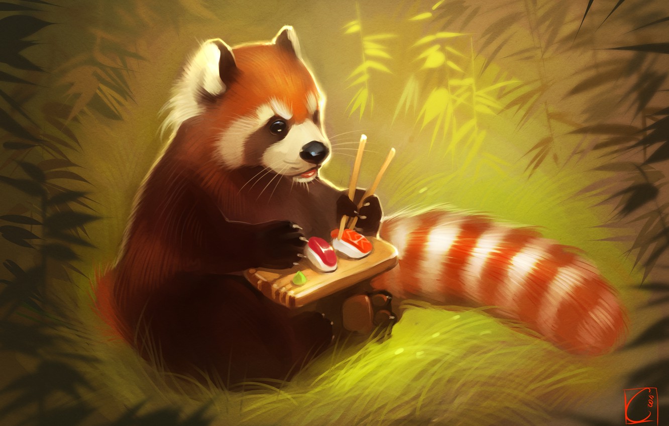 Wallpaper bear, art, Panda, sushi, red panda image for desktop, section живопись