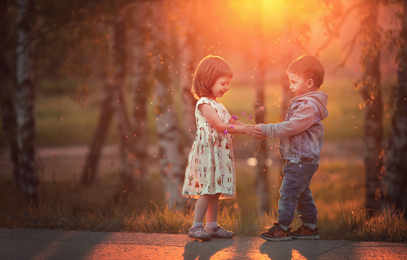 Wallpaper trees, flowers, nature, children, the evening, boy, track, girl, kids, a couple, a bunch, bokeh, Marianne Smolin image for desktop, section настроения