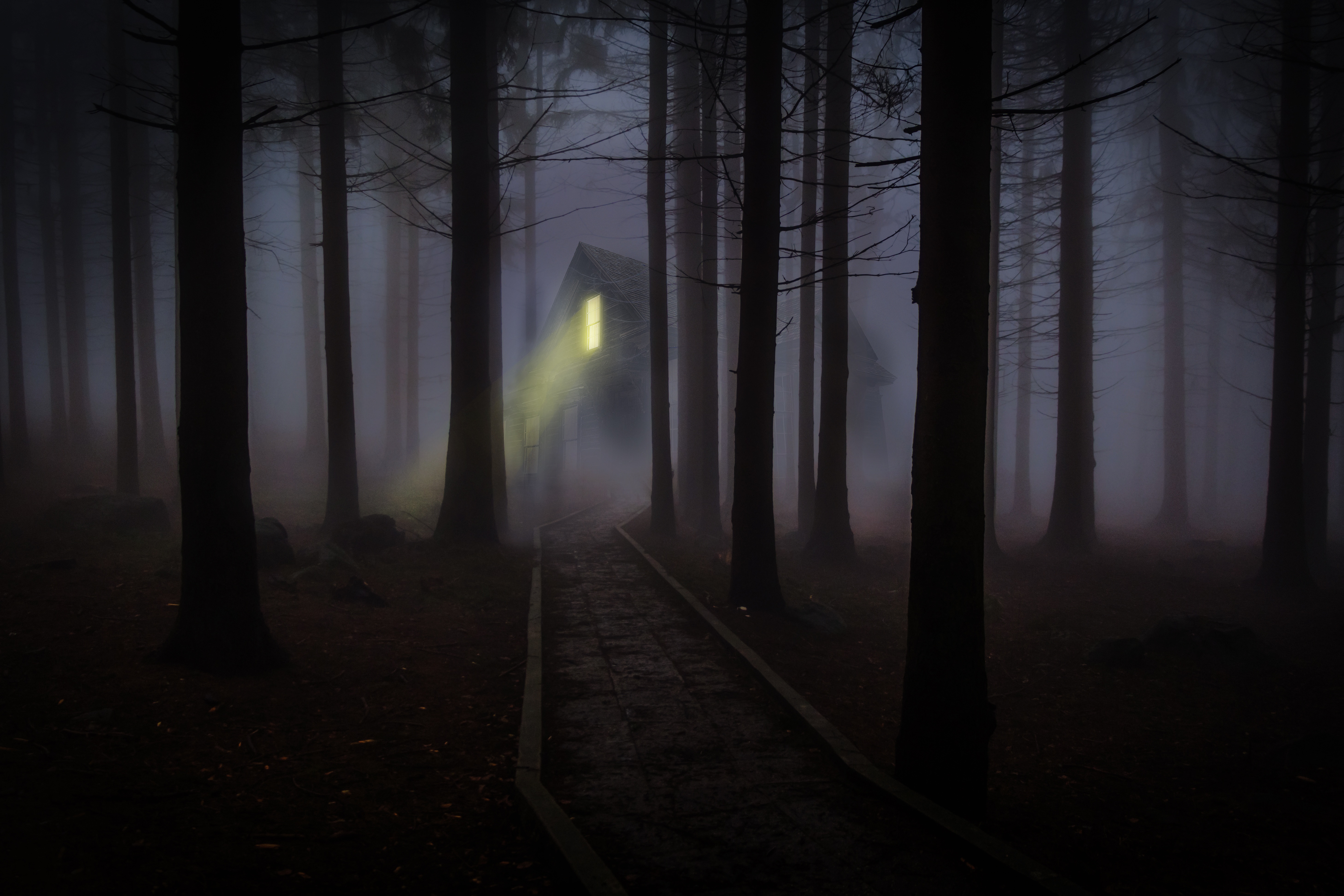 Spooky House in a Foggy Forest 4k Ultra HD Wallpaper