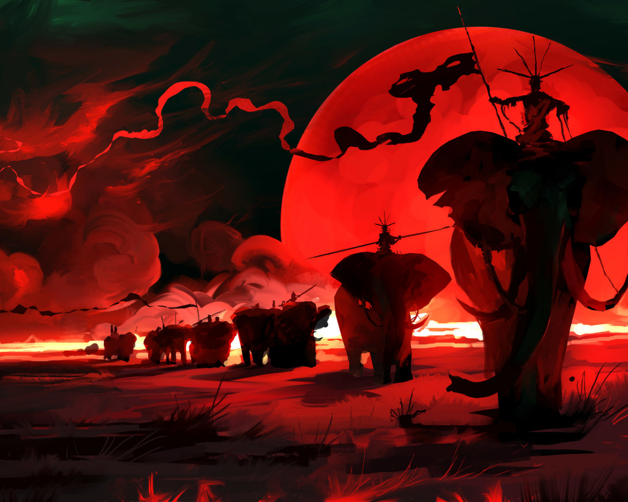 Desktop Wallpaper Warriors On Elephants, War, Red, Art, HD Image, Picture, Background, Iaujb