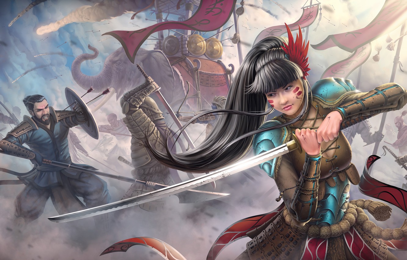 Wallpaper girl, war, elephant, sword, katana, warrior, art, spear, battle, arrows, Asian image for desktop, section живопись