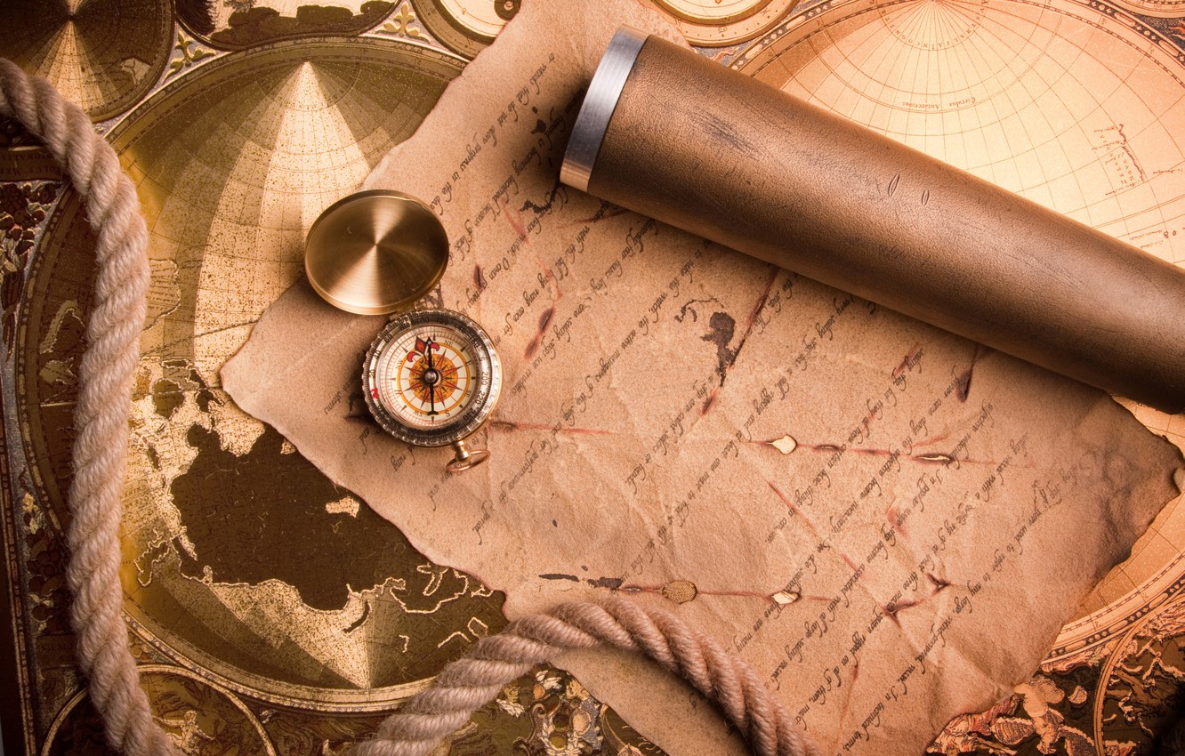 Wallpaper map, rope, compass, the manuscript image for desktop, section разное