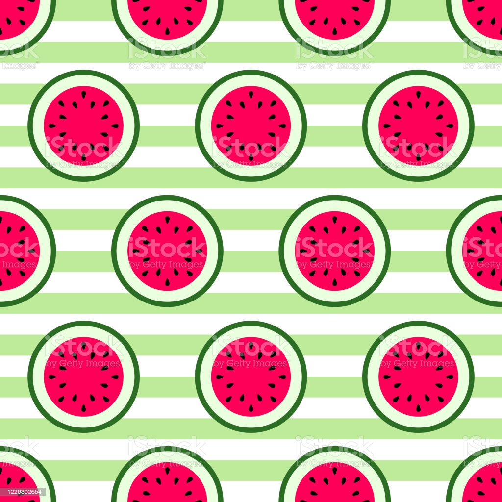 Cute Seamless Pattern With Red Watermelon On Stripes Green Background Vector Wallpaper Stock Illustration Image Now