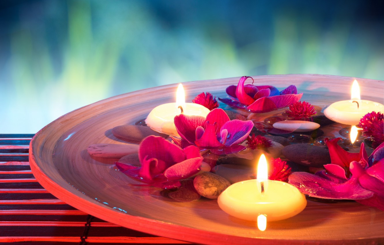 Wallpaper water, flowers, candles, orchids, water, flowers, Spa, Spa, candles, orchids, Spa stones, Spa stones image for desktop, section разное