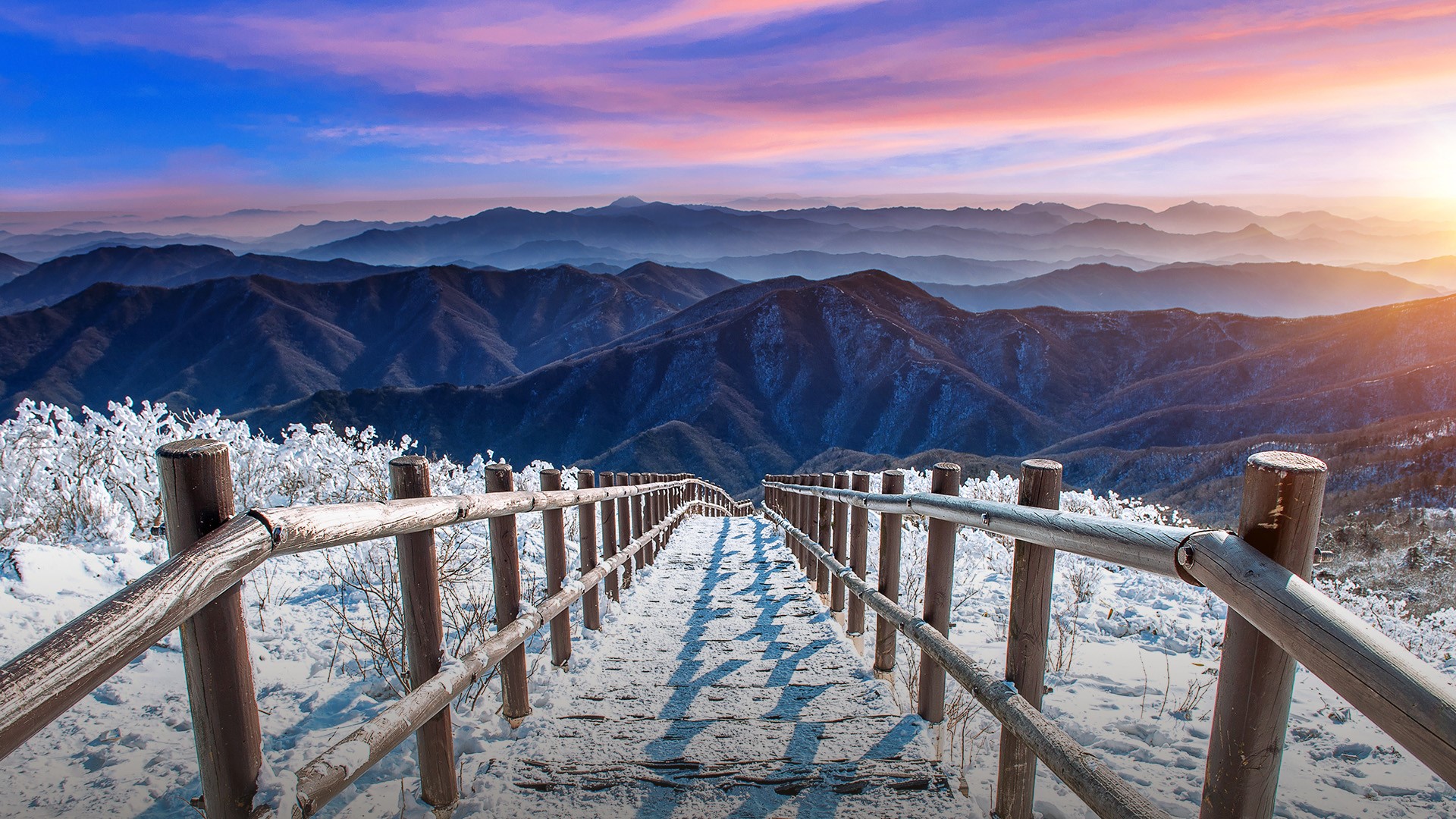 Staircase on Deogyusan mountains covered with snow in winter at sunrise, South Korea. Windows 10 Spotlight Image