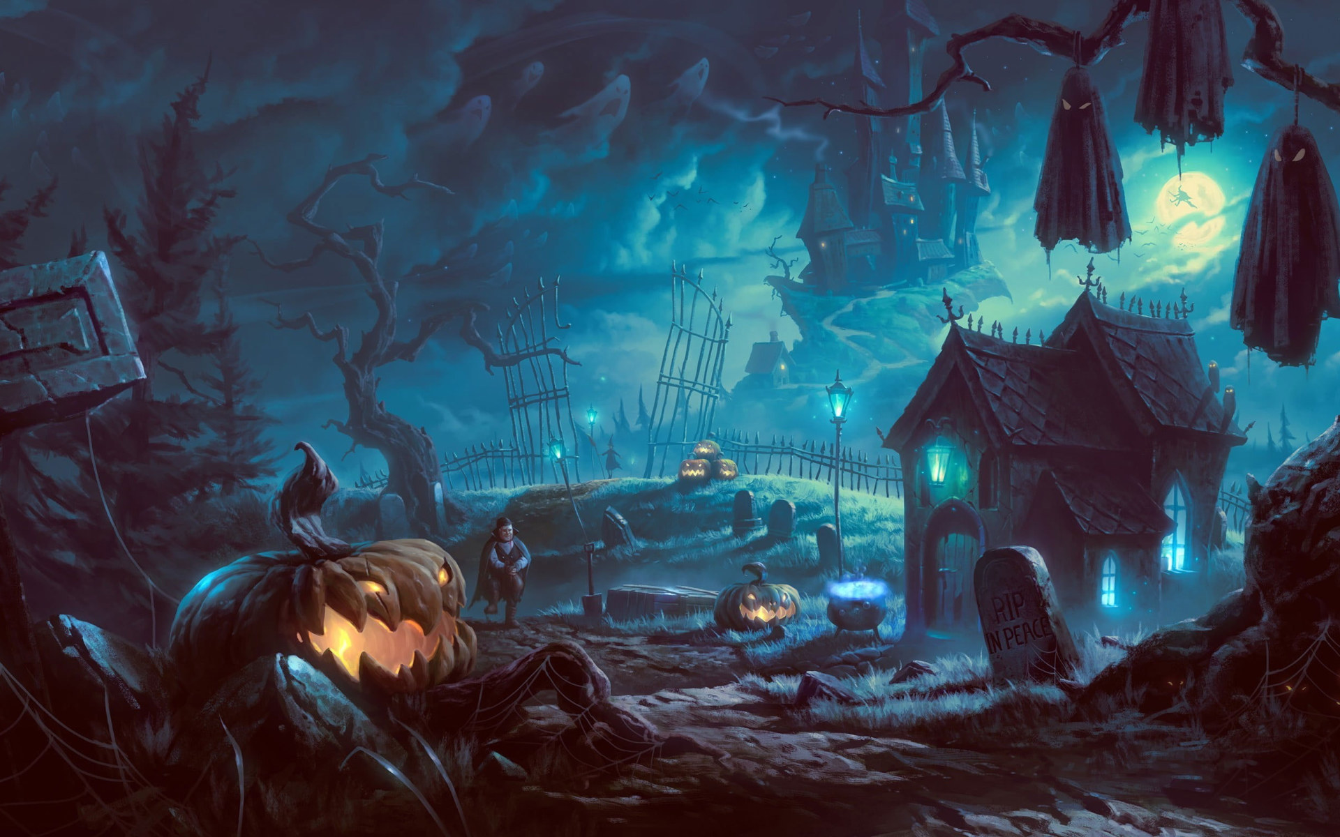 Black haunted house digital wallpaper, artwork, fantasy art, Halloween • Wallpaper For You HD Wallpaper For Desktop & Mobile