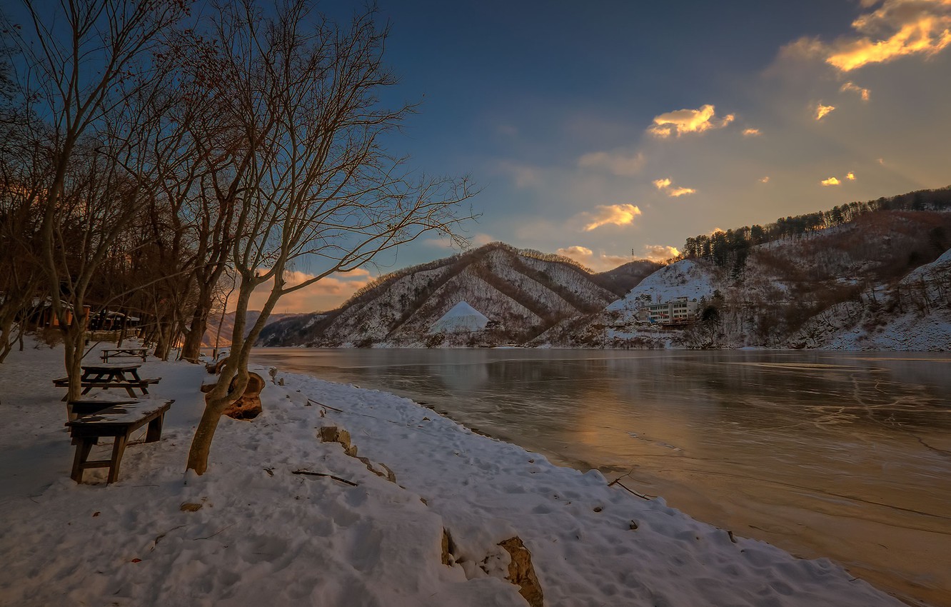 Wallpaper winter, snow, mountains, lake, South Korea image for desktop, section пейзажи