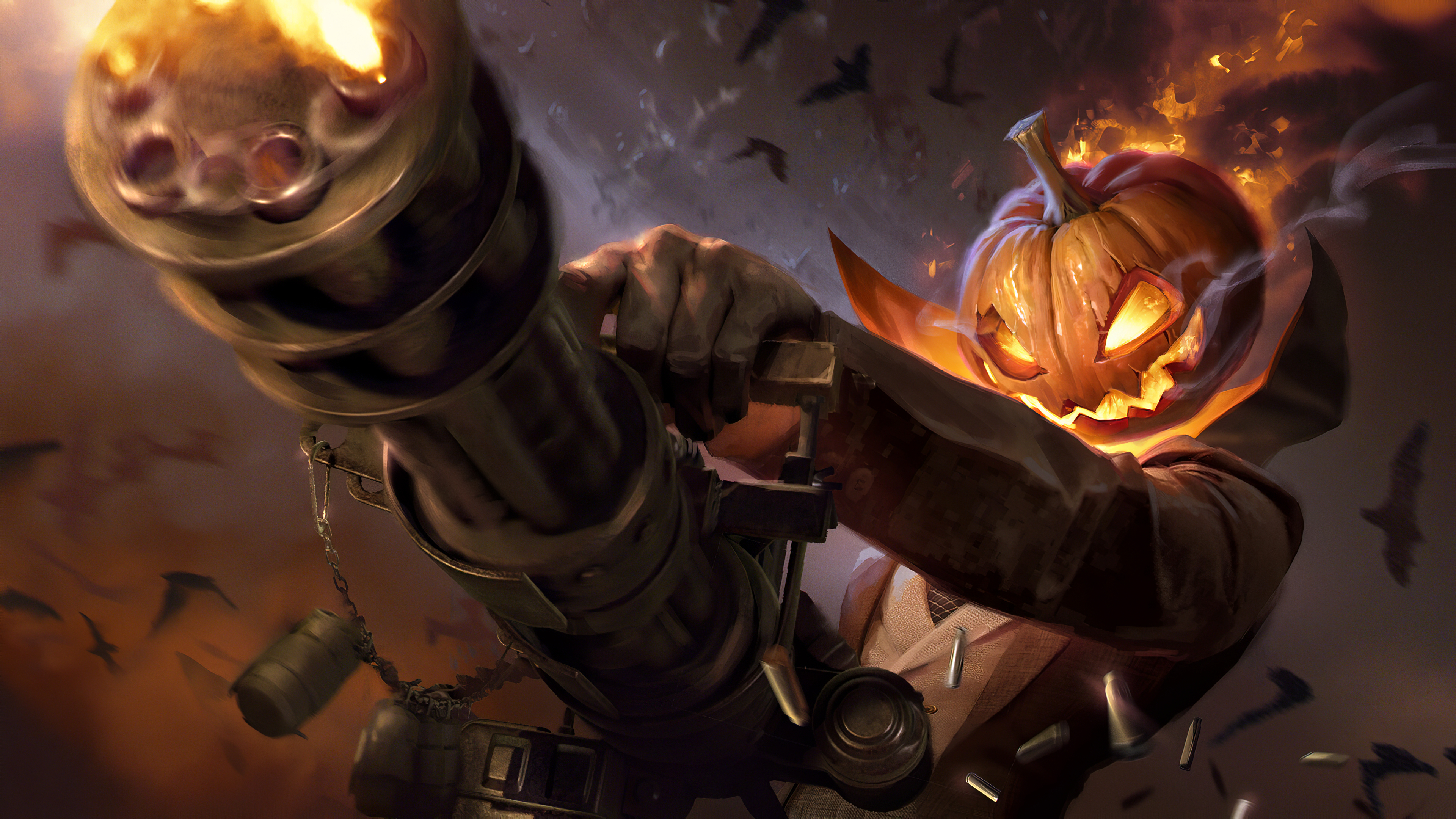 Wallpaper, digital art, artwork, illustration, Halloween, bats, fantasy art, spooky, pumpkin, Jack O Lantern, weapon, machine gun, burning, shooting, original characters, fictional character, character design, environment, concept art, drawing