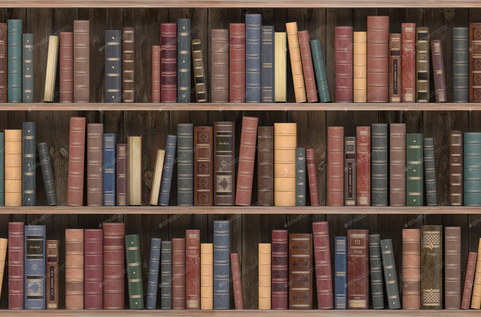 Vintage books on old wooden shelf. Old library or antique bookshop. Tiled seamless texture photo by maxxyustas on Envato Elements