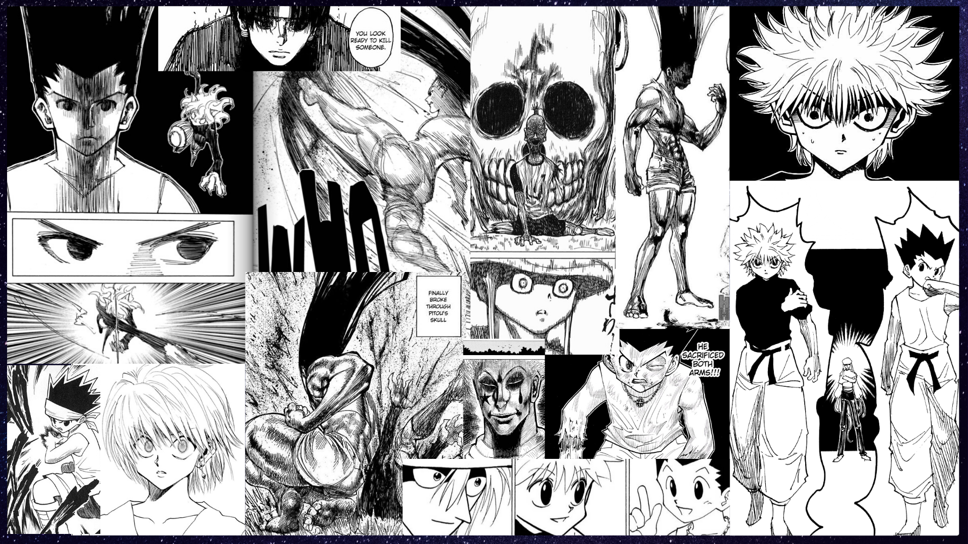 Hunter x Hunter Gon and Killua with random manga panel background