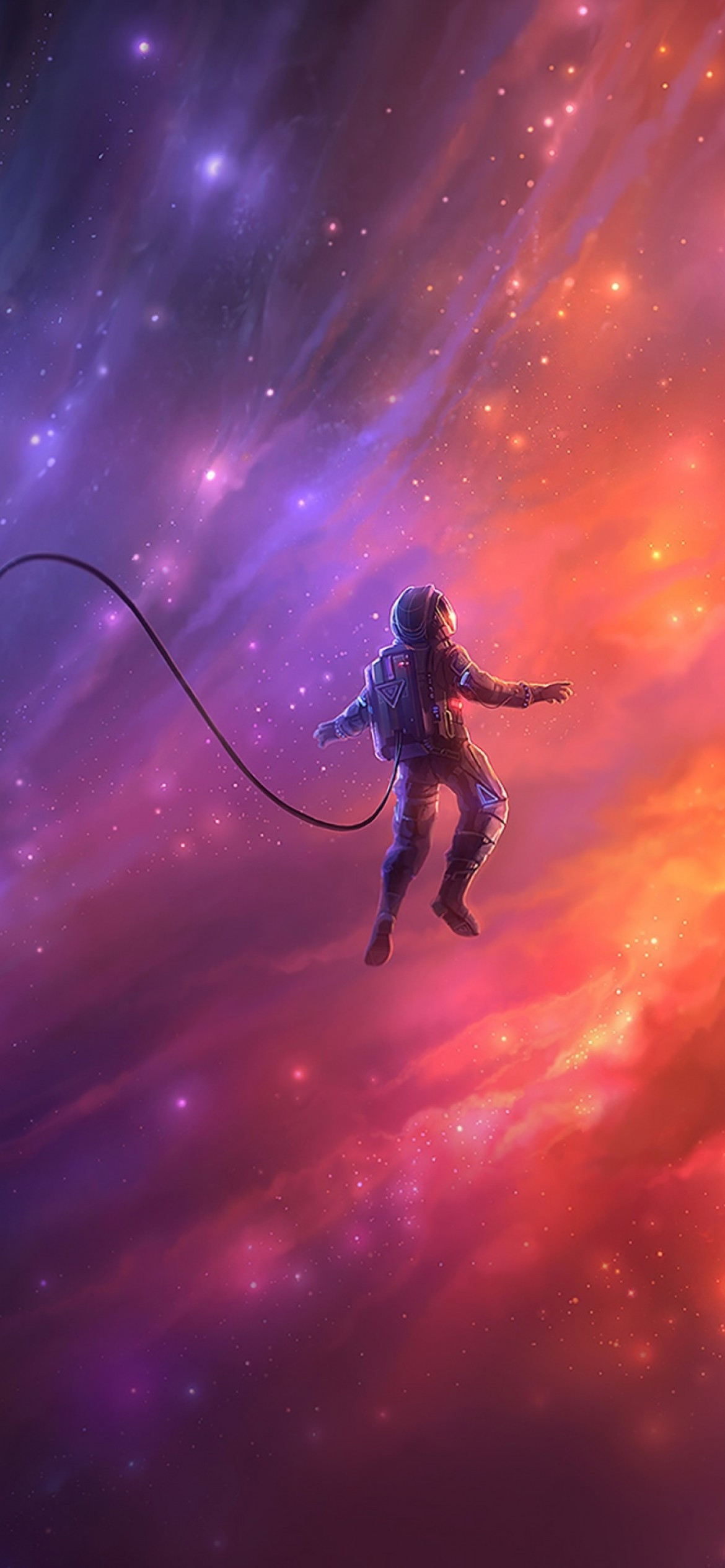 Download 1170x2532 Floating Astronaut, Colorful Nebula, Dreamy, Orange, Two Paths Wallpaper for iPhone 12 Pro