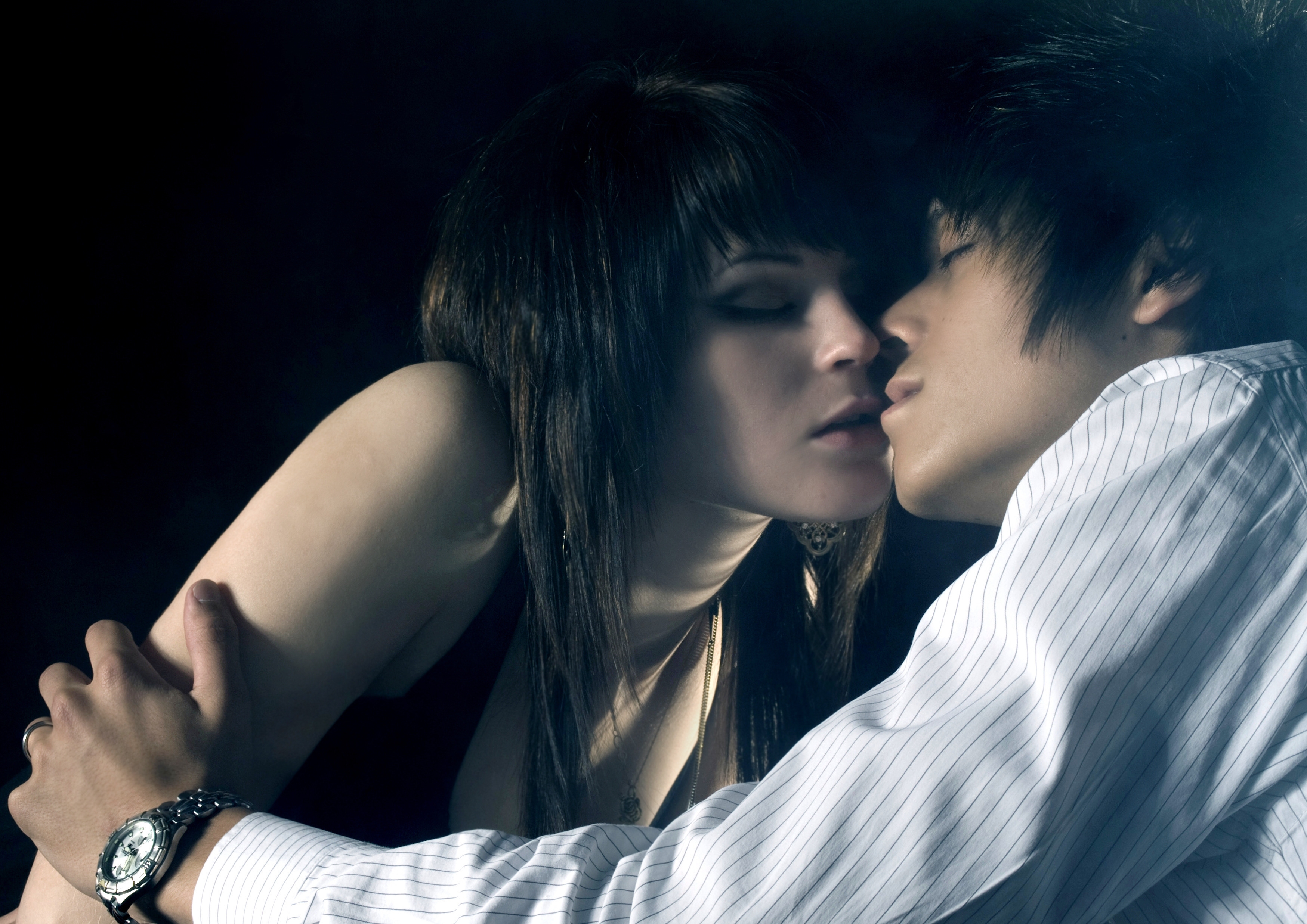 Wallpaper, love, black hair, couple, kissing, emotion, Person, romance, soft, boy, girl, beauty, fun, kiss, human, darkness, hug, computer wallpaper, interaction, touching, flash photography 3498x2475