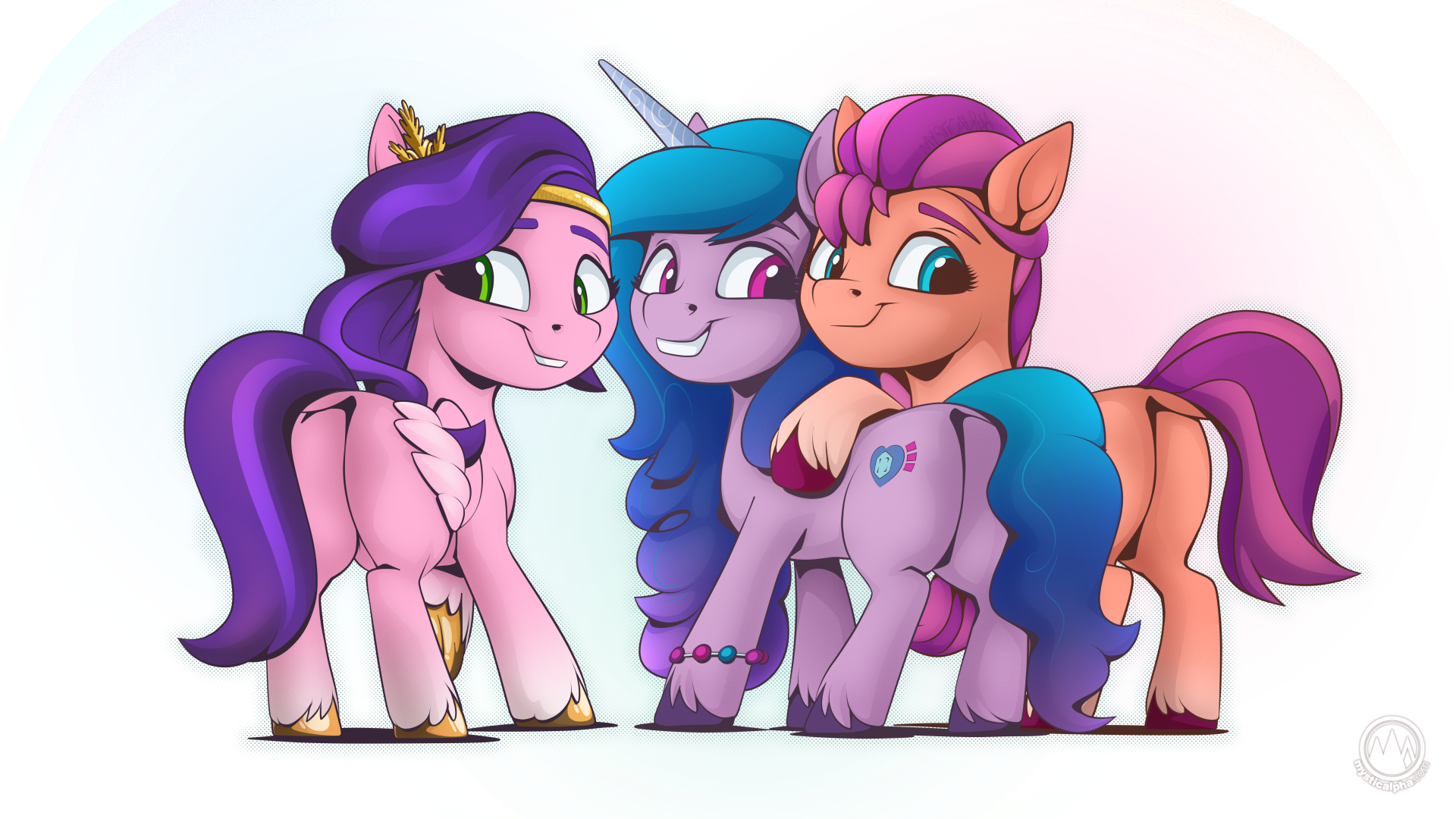 safe, artist:mysticalpha, derpibooru import, izzy moonbow, pipp petals, sunny starscout, earth pony, pegasus, pony, unicorn, g spoiler:g bracelet, butt, crown, dock, female, image, jewelry, jpeg, looking back, mare, plot, raised