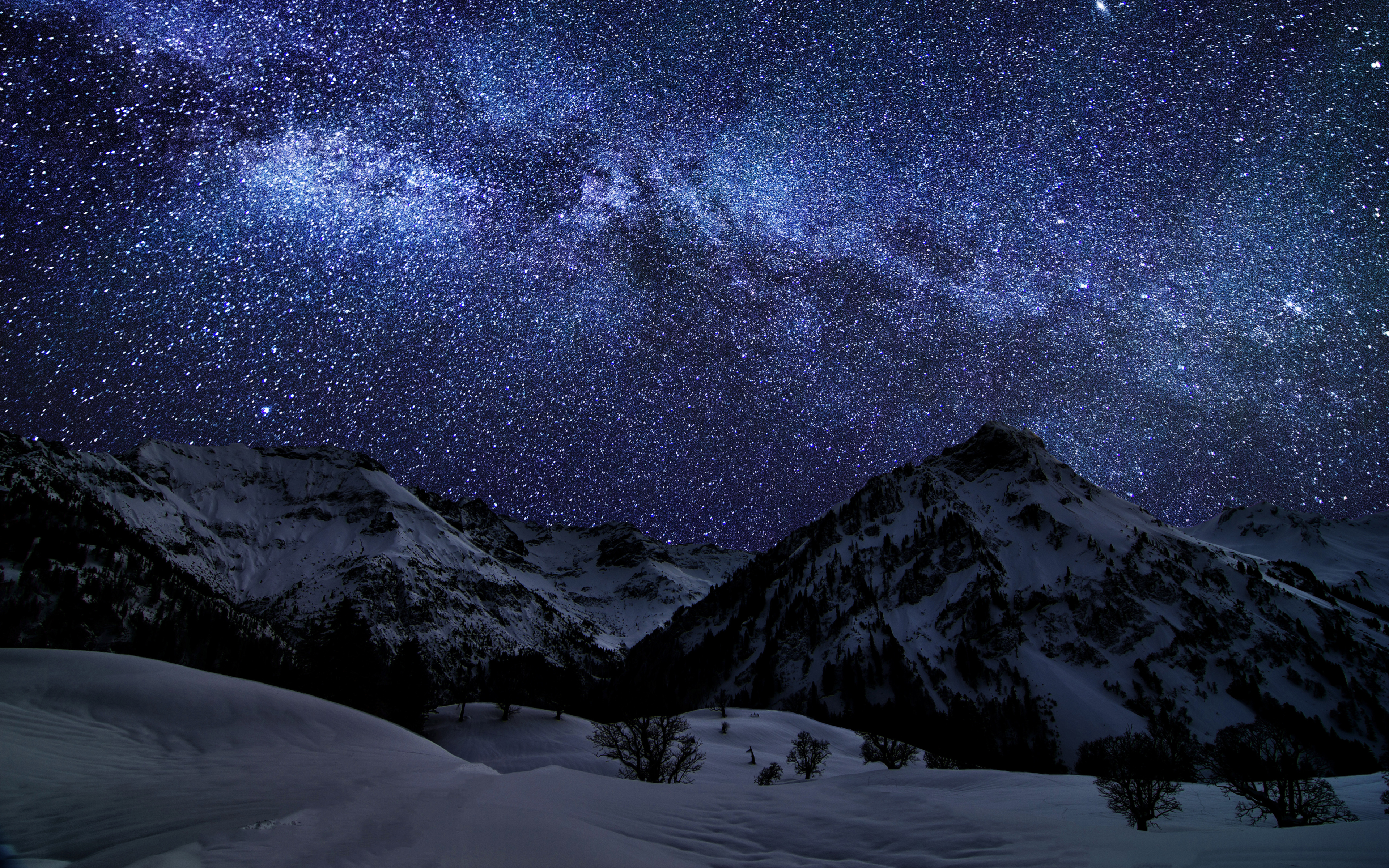 Glacier mountains Wallpaper 4K, Snow covered, Night time, Landscape, Milky Way, Nature