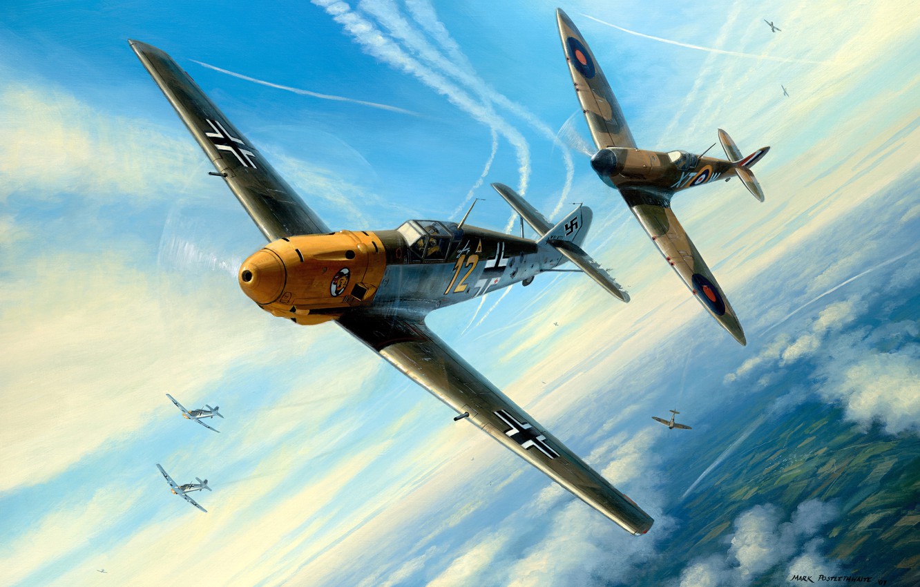 Wallpaper Figure, Messerschmitt, Battle Of Britain, RAF, Air Force, The Second World War, Supermarine, Dogfight, Spitfire Mk.I, Bf.109E 4 Image For Desktop, Section авиация