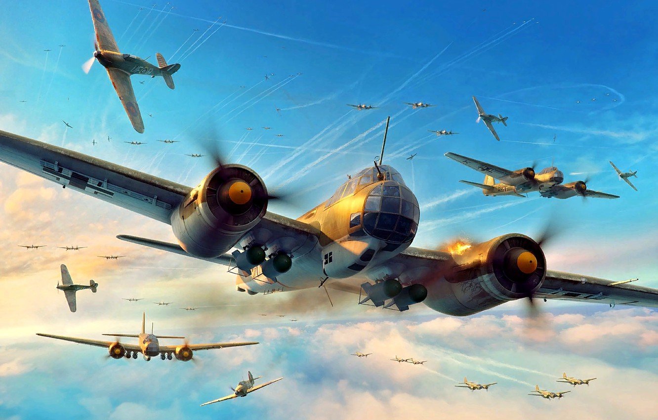 Wallpaper Hurricane, Junkers, Battle Of Britain, RAF, Air Force, Artwork, Hawker, Fighter, WWII, Ju 88 Image For Desktop, Section авиация