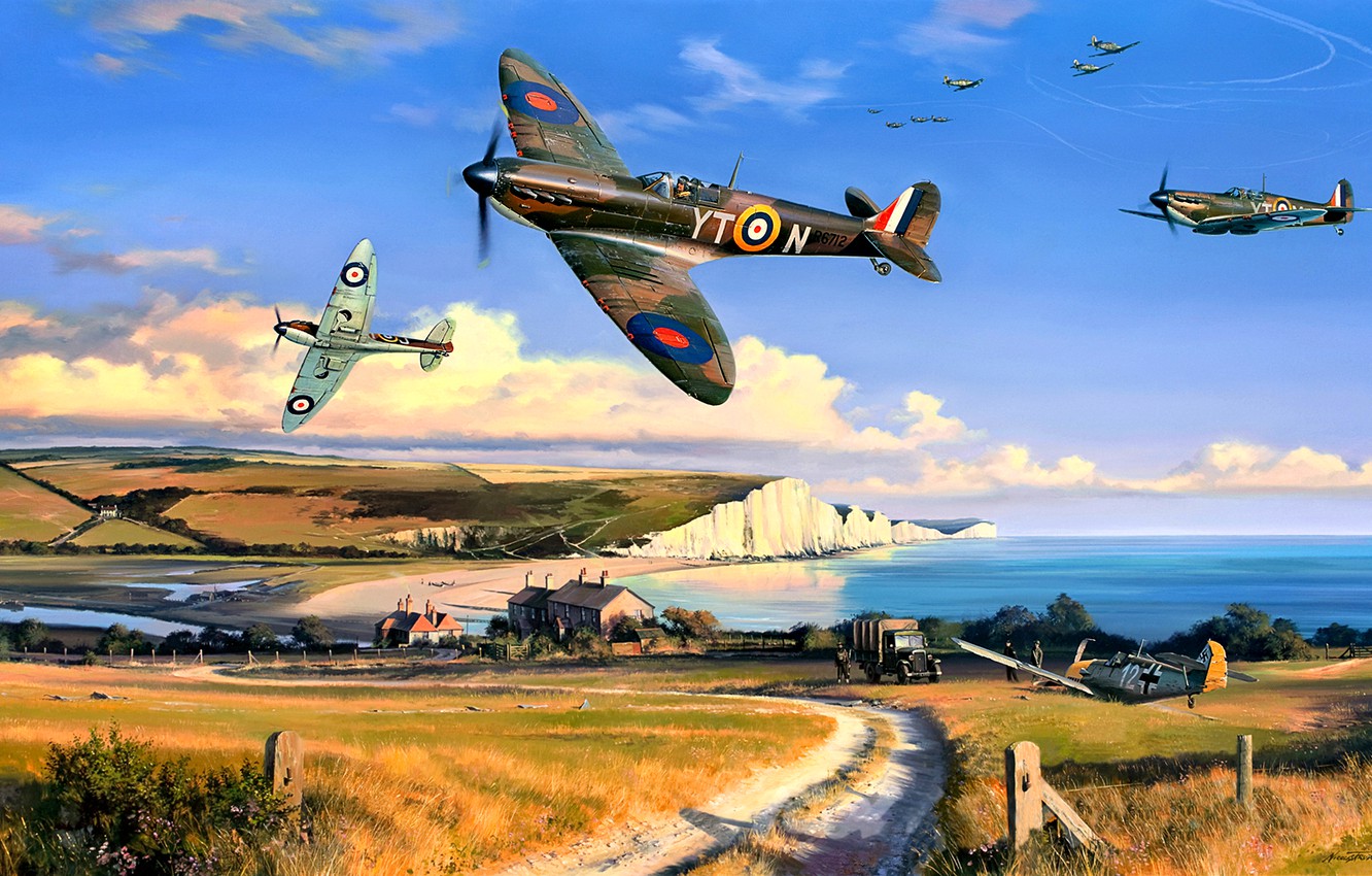Wallpaper Battle of Britain, dirt road, car, WWII, Spitfire Mk.I, The white cliffs of Dover, 65 Squadron image for desktop, section авиация
