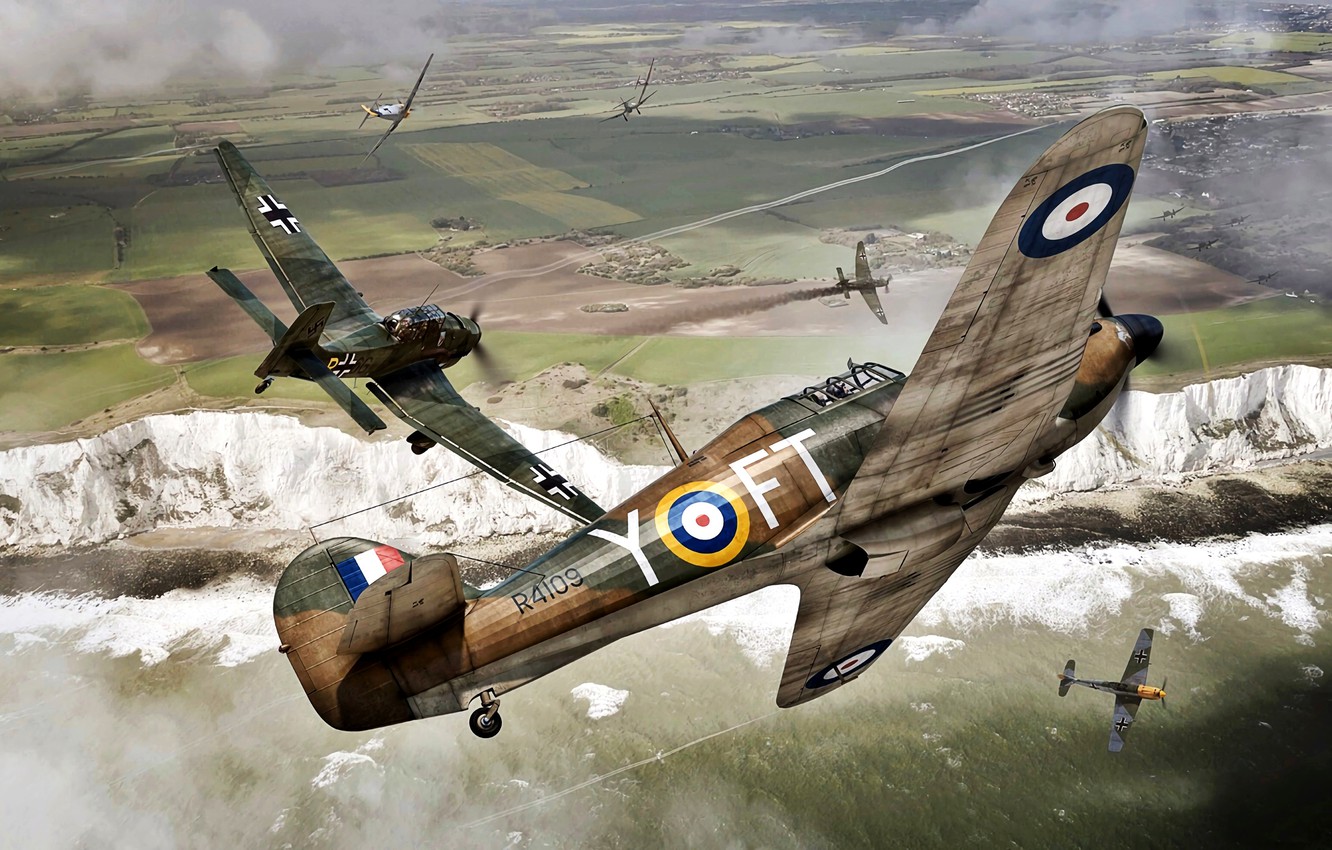 Wallpaper Battle of Britain, Bf.109E, WWII, Hawker Hurricane Mk.I, The white cliffs of Dover, Ju.87B, 43 Sqn RAF image for desktop, section авиация