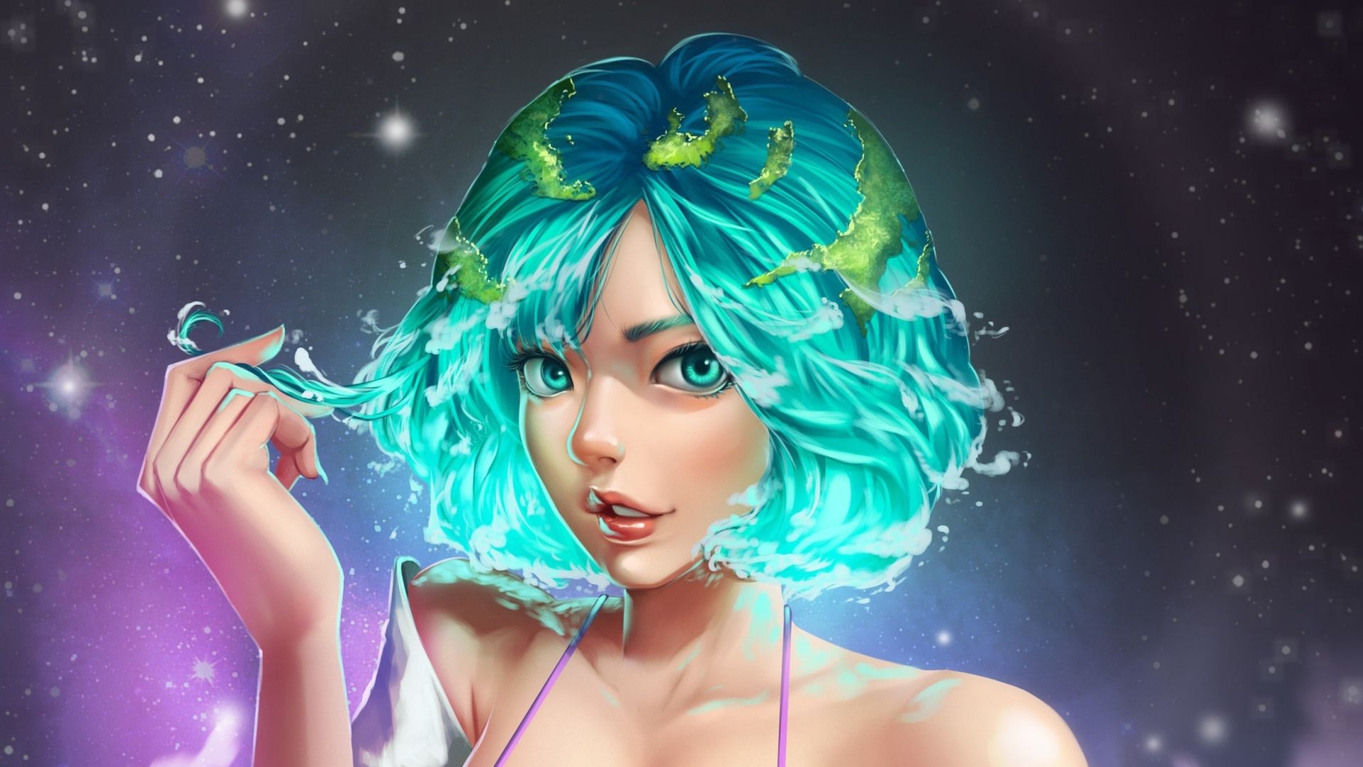 Desktop wallpaper blue, short hair, anime girl, digital art, HD image, picture, background, f747a7