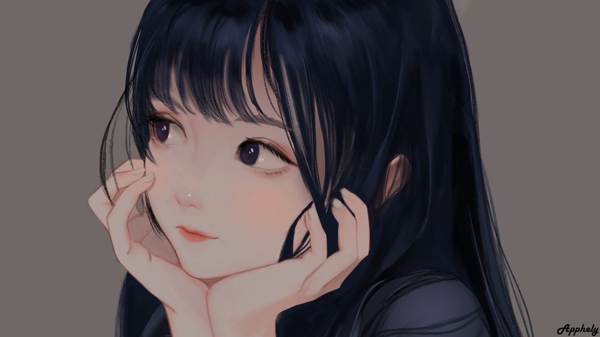 Wallpaper, anime girls, black hair, long hair, purple eyes, Cute little girl, Asian, blush, blushing, Looking at the side, black eyes, simple background 1920x1080