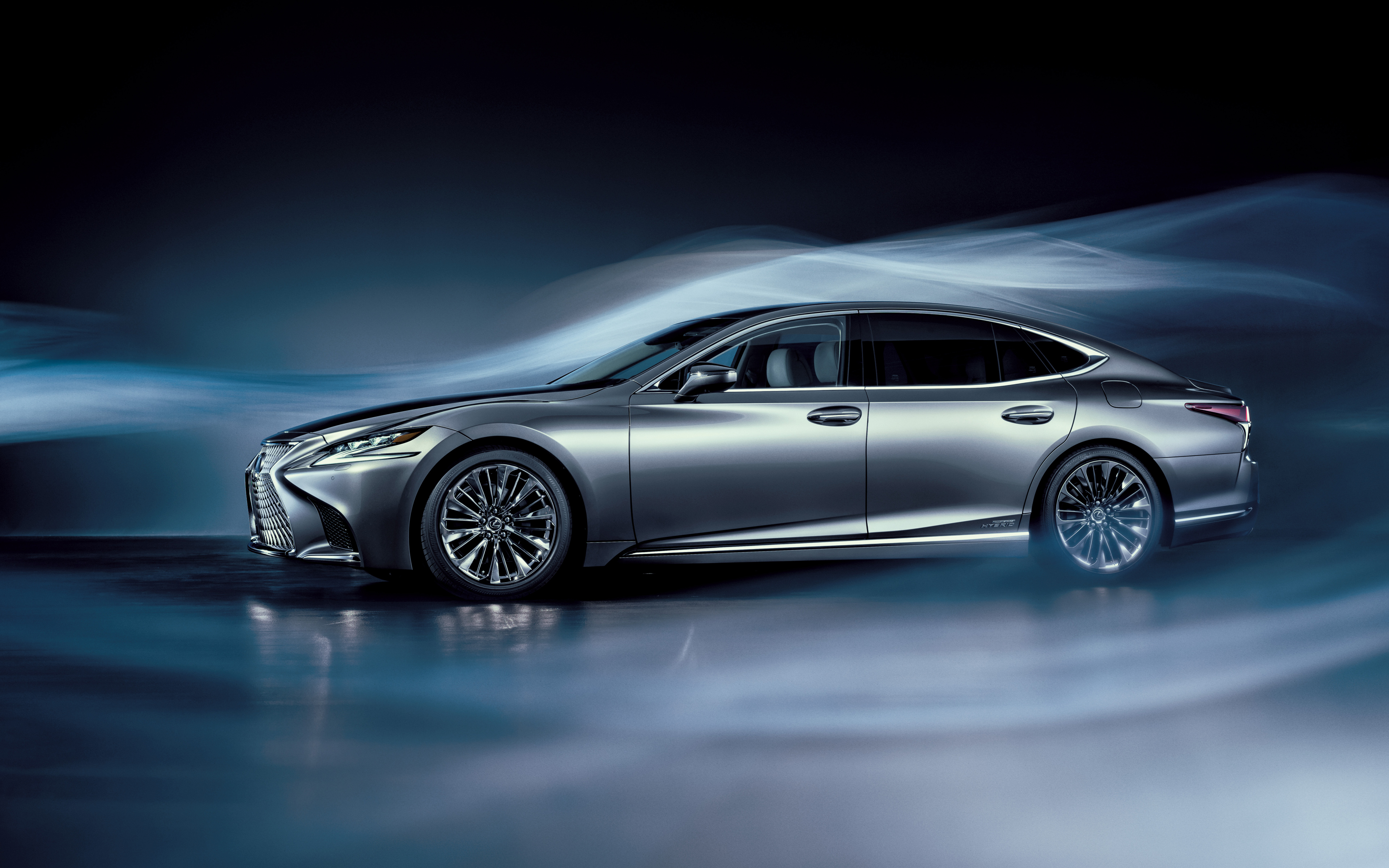Download wallpaper Lexus LS, 2018, 4k, aerodynamics, luxury sedan, business class, silver LS, new cars, Lexus for desktop with resolution 3840x2400. High Quality HD picture wallpaper