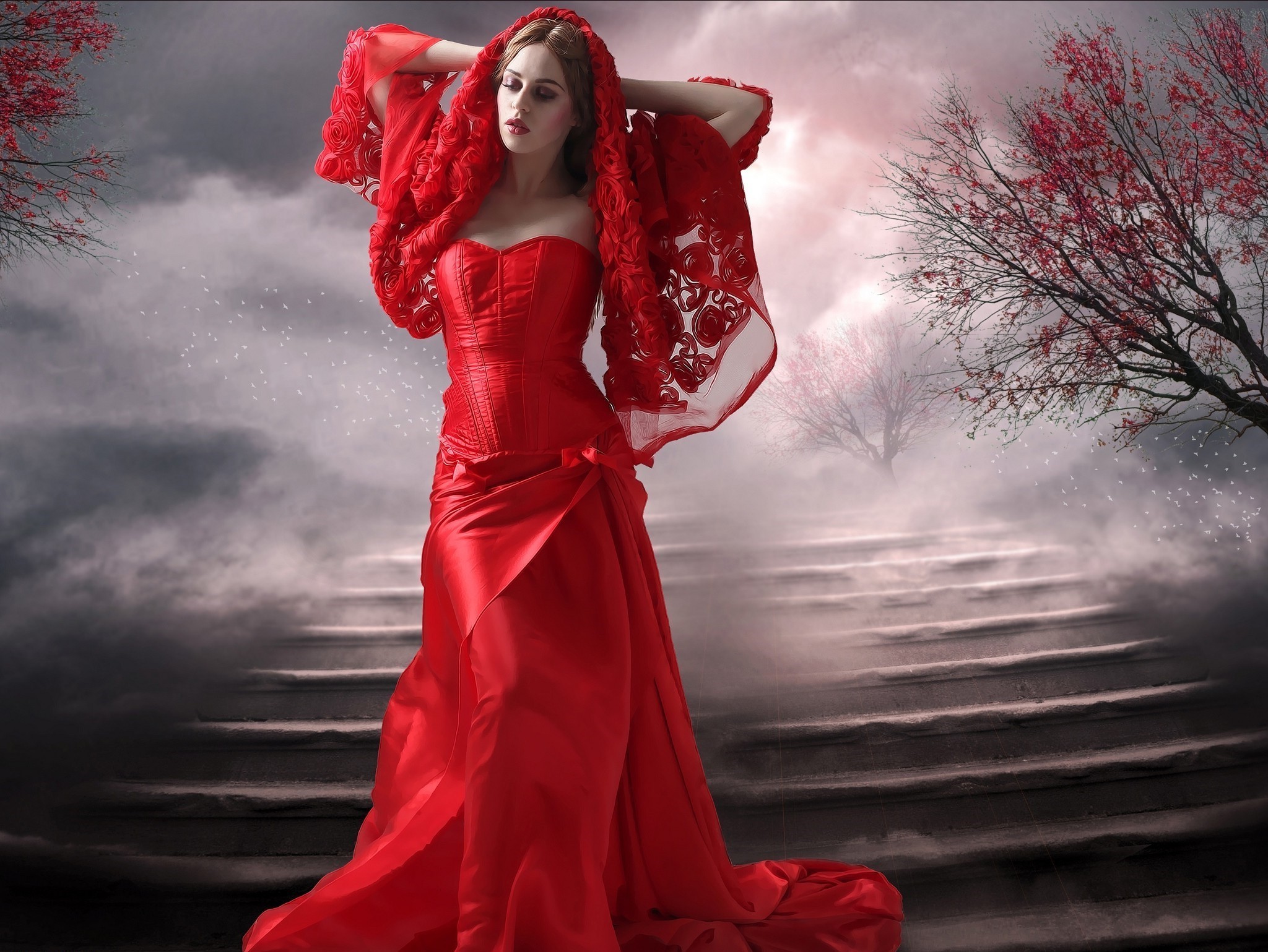 Wallpaper, women, red, dress, romance, flower, beauty, woman, lady, gown, 2048x1539 px 2048x1539