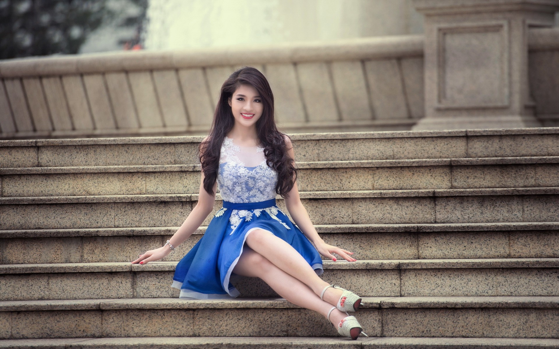 Wallpaper, women, model, brunette, legs, Asian, sitting, high heels, dress, blue, skirt, fashion, hair, spring, clothing, supermodel, girl, beauty, lady, leg, footwear, 1920x1200 px, human positions, portrait photography, photo shoot, abdomen