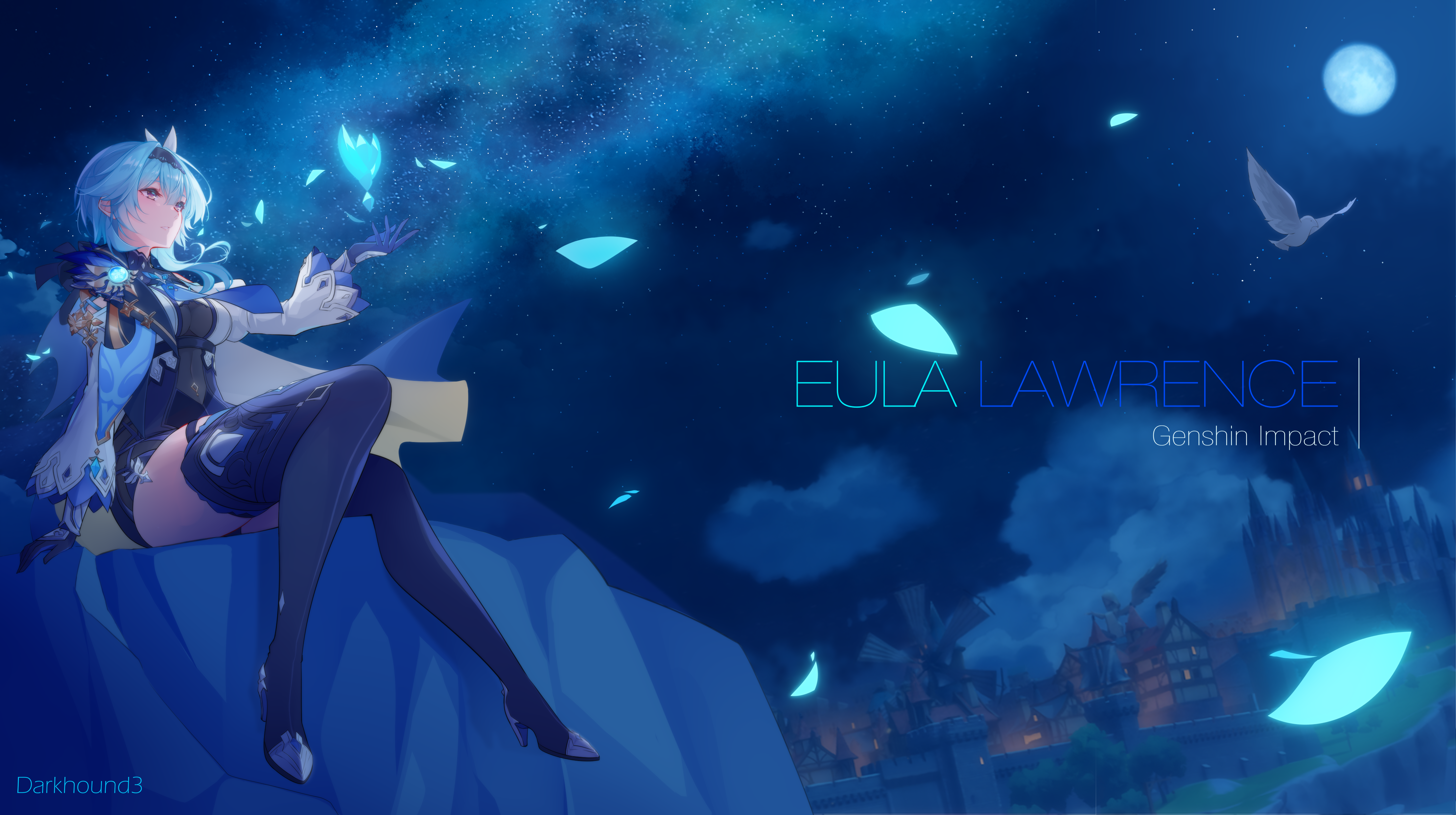 animal bird blue blue hair boots building city clouds darkhound3 eula lawrence genshin impact gloves night purple eyes short hair sky stars tie watermark zettai ryouiki. konachan.com.com Anime Wallpaper