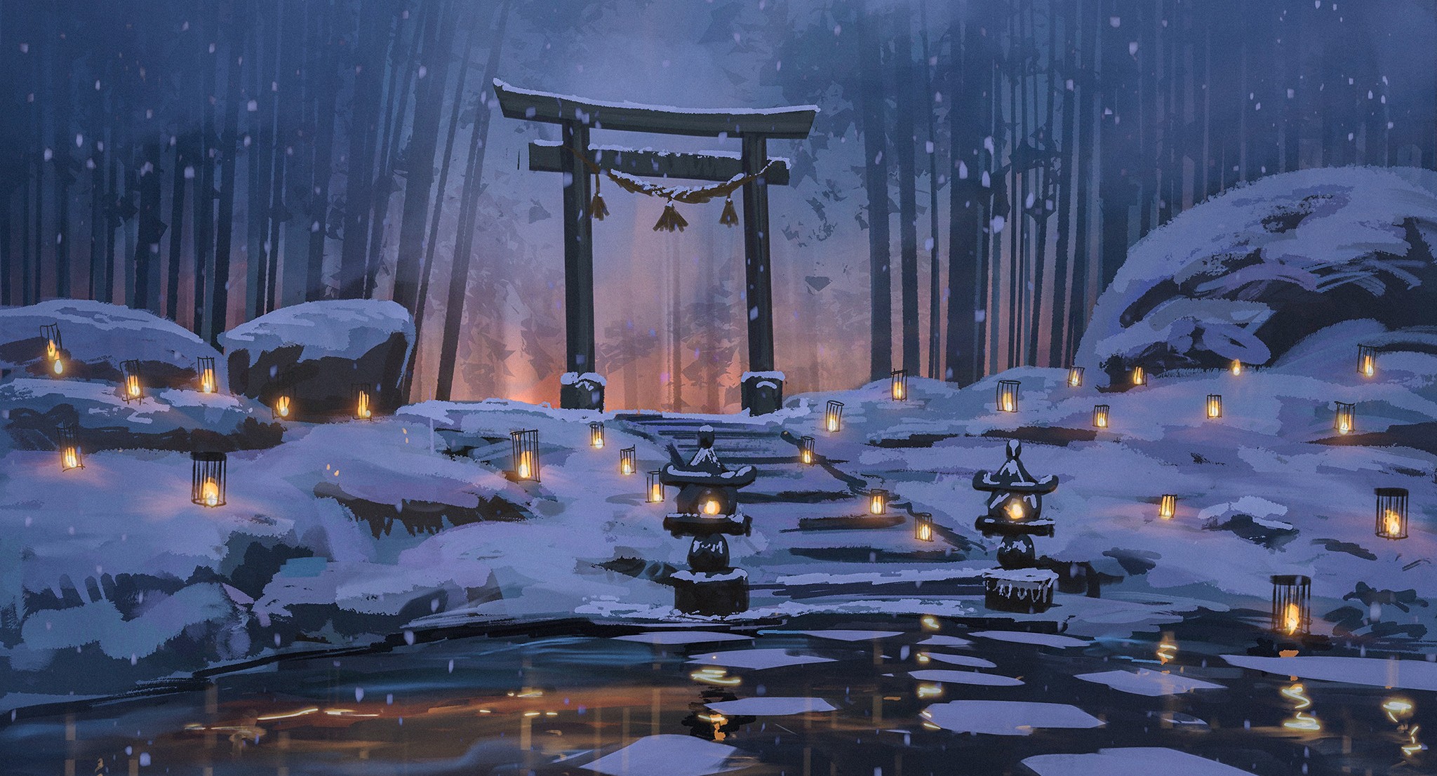 Wallpaper, anime, torii, lake, winter, snow, forest, lantern, Surendra Rajawat 2048x1106