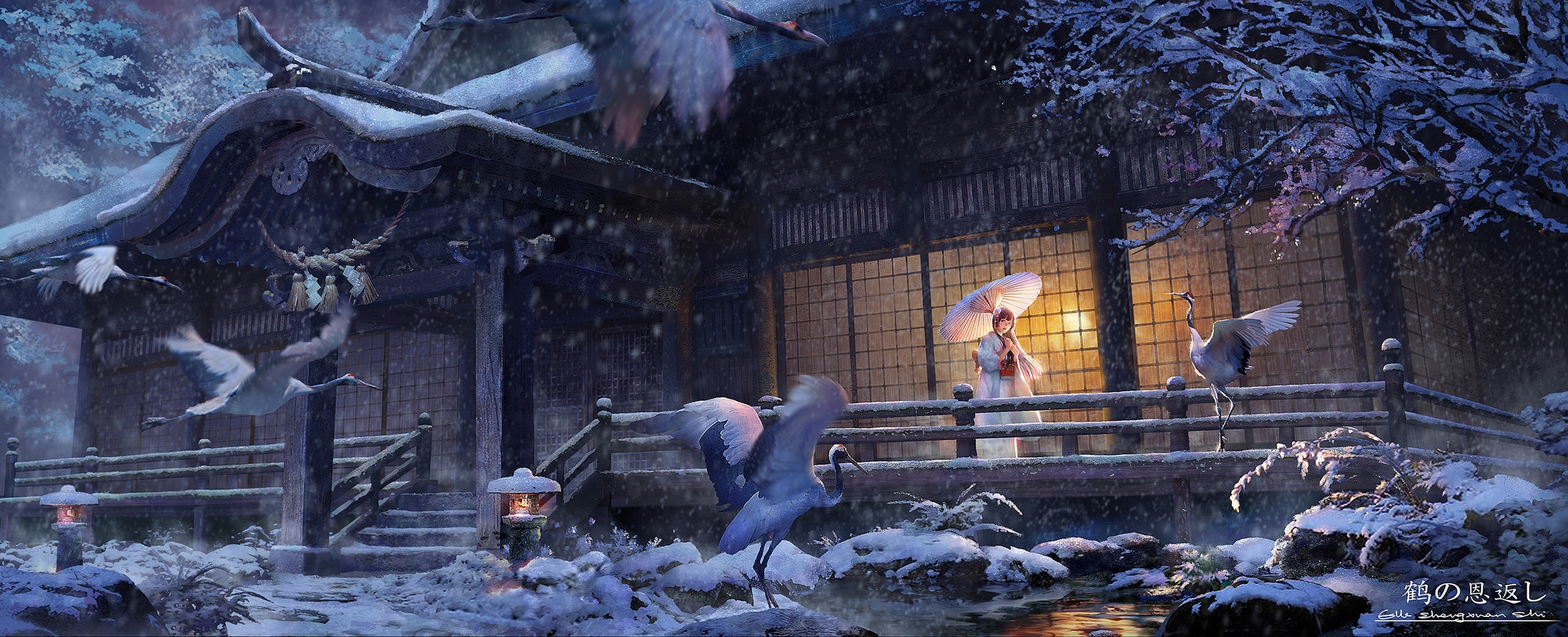 2659x1080 Anime, Girl, House, Kimono, Snow, Snowfall, Stork, Umbrella, Winter. Mocah HD Wallpaper
