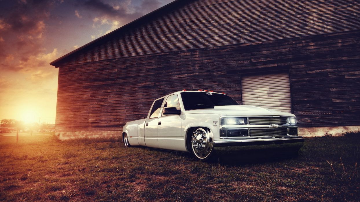 Chevrolet truck tuning white building lowrider sunset wallpaperx1080