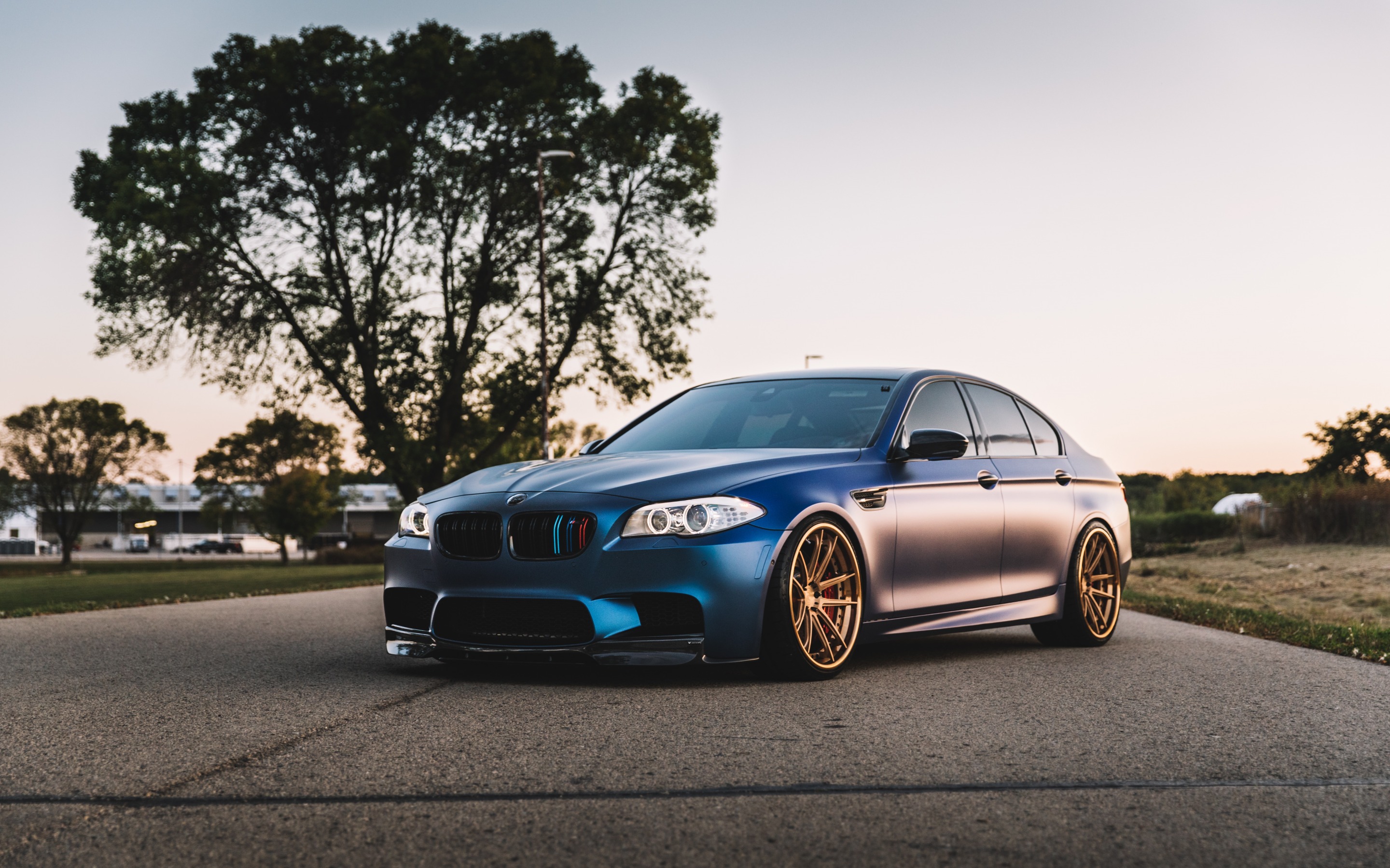 Download wallpaper BMW M F 5 Series, sports sedan, blue matte M bronze wheels, tuning M M package, BMW for desktop with resolution 2880x1800. High Quality HD picture wallpaper