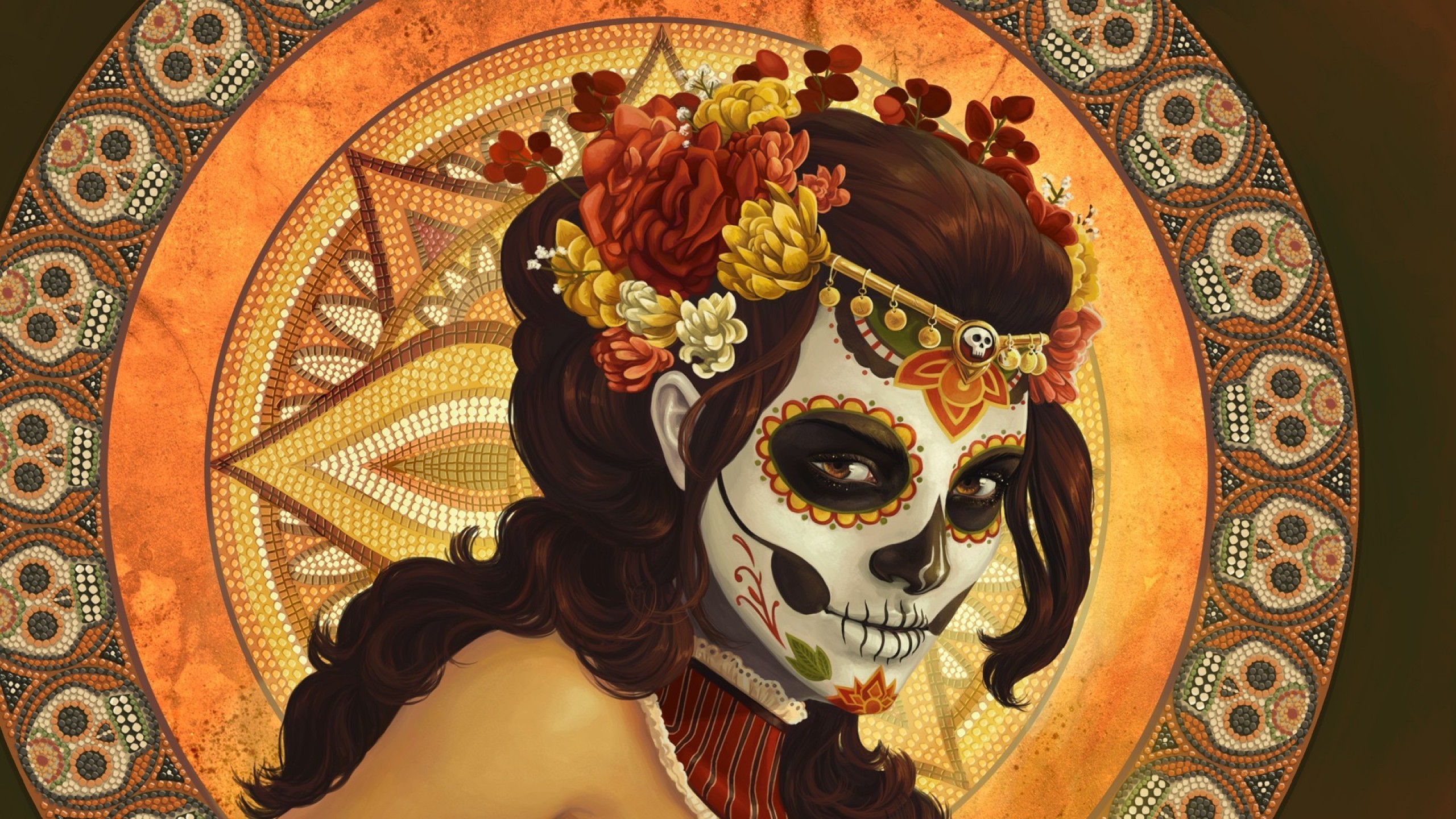 Wallpaper, 2560x1440 px, artwork, Dia de los Muertos, digital art, flowers, Mexico, mosaic, pattern, skull, Sugar Skull, women 2560x1440
