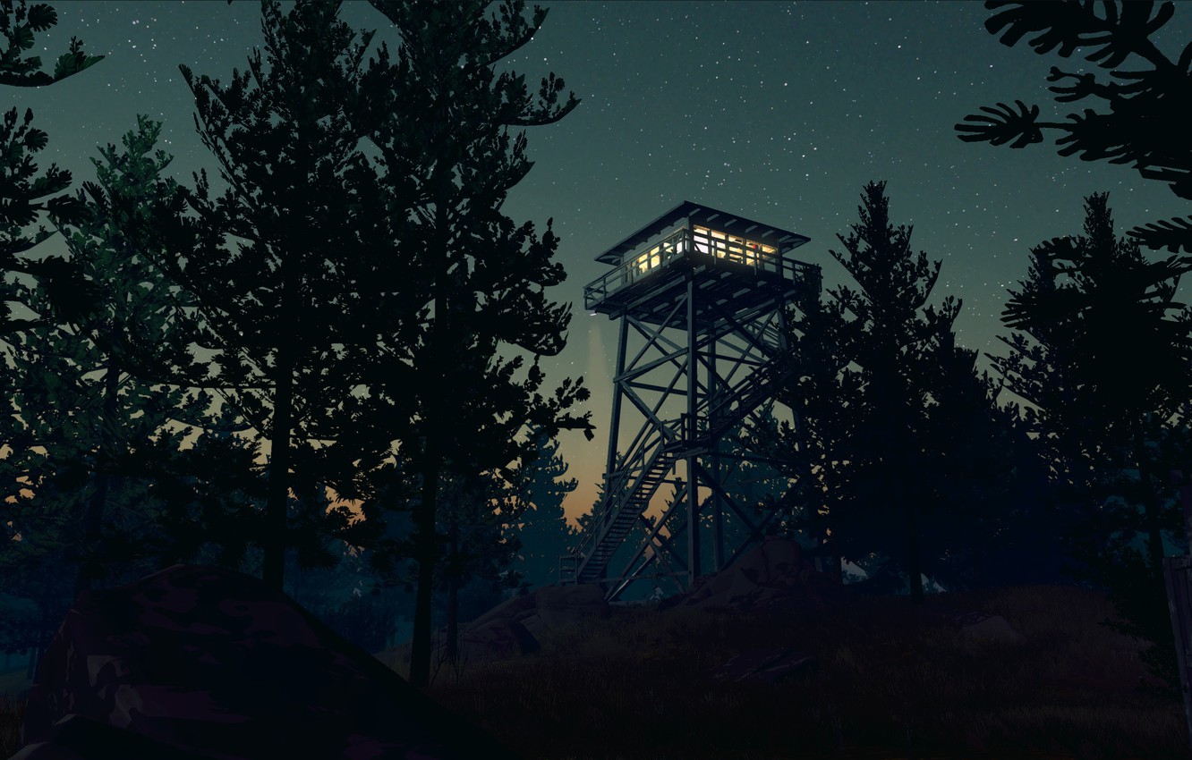 Wallpaper The sky, The evening, Night, Stars, Trees, Forest, Ladder, Light, Fire, Tower, Exploration, Adventure Game, Campo Santo, Firewatch image for desktop, section игры