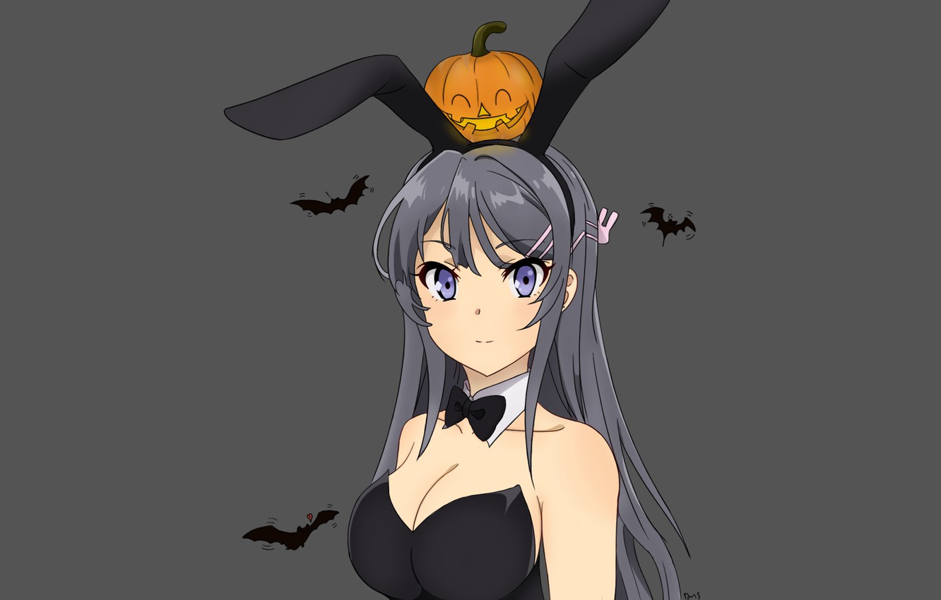 Wallpaper girl, rabbit, pumpkin, bats, Halloween, rabbit ears, Seishun Yarou wa bunny girl Senpai no Yu Thigh image for desktop, section сёдзё