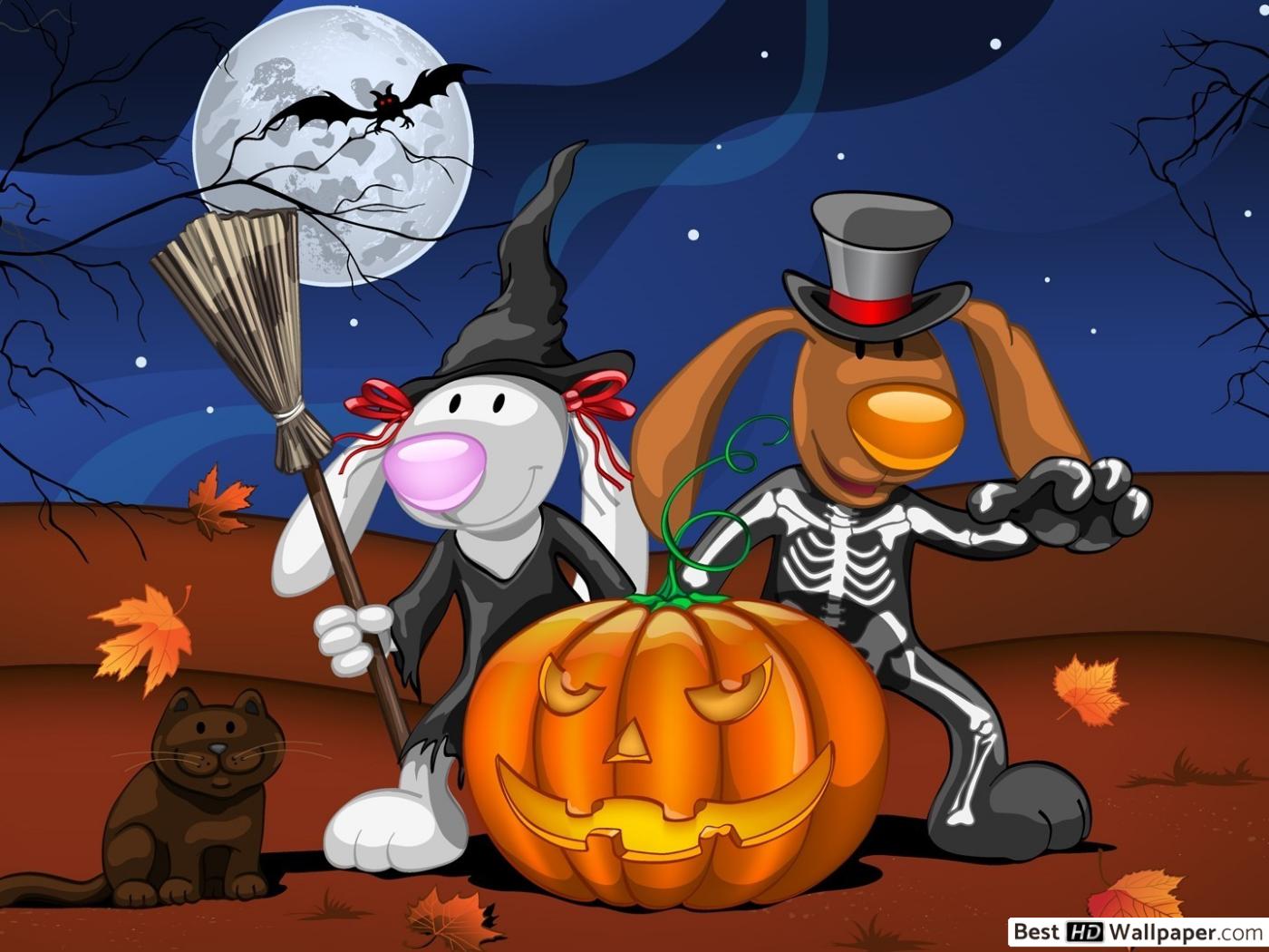 Rabbit witch and dog skeleton HD wallpaper download