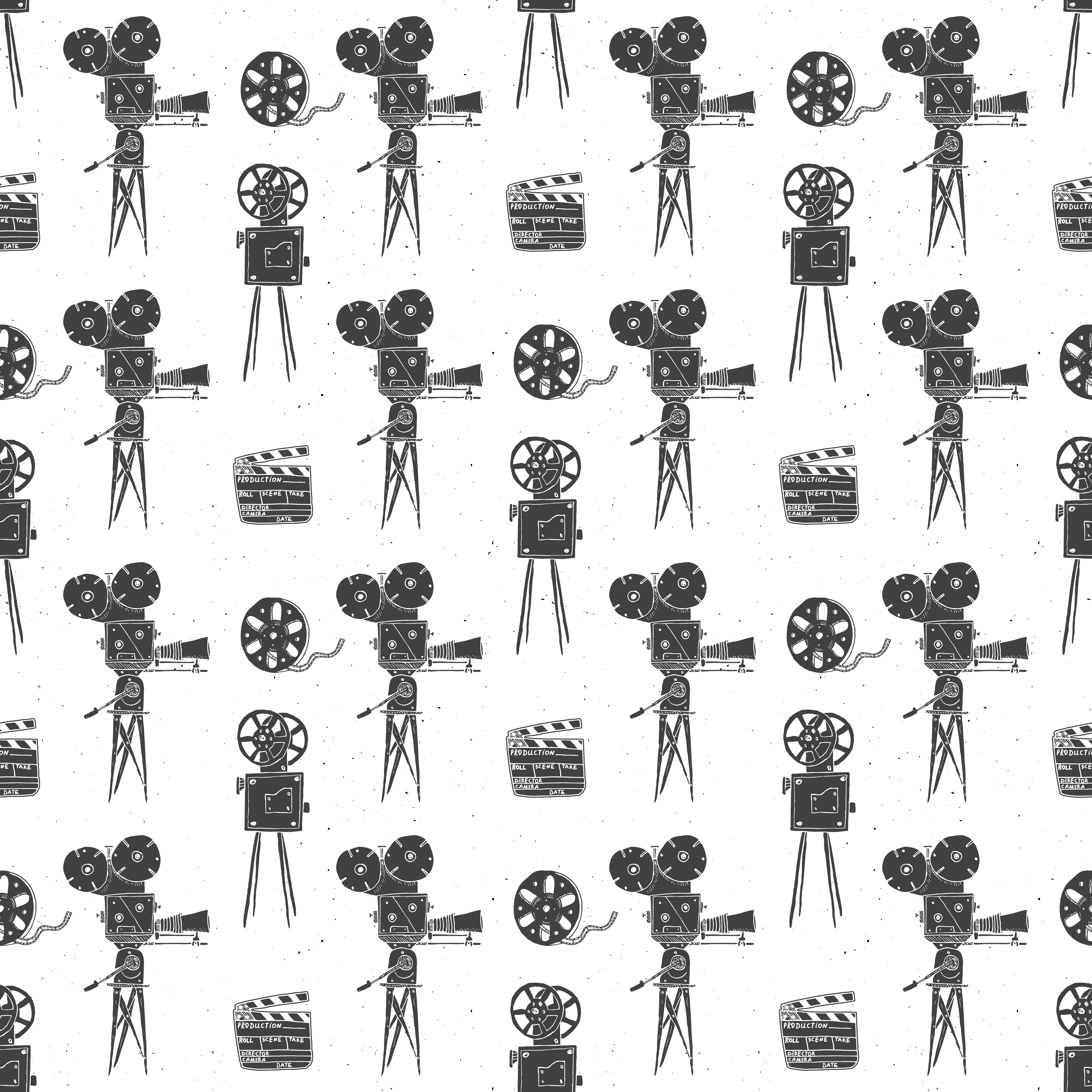 Camera, film reel and clapperboard, vintage seamless pattern, handdrawn sketch, retro movie industry, vector illustration