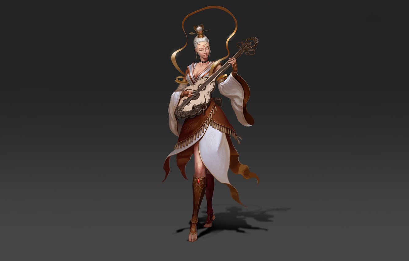 Wallpaper Girl, Fantasy, Art, Music, Style, Illustration, Minimalism, Figure, Character, Musical Instrument, Hyeon Gwan Nam, Pipa, Taoist fairy image for desktop, section минимализм