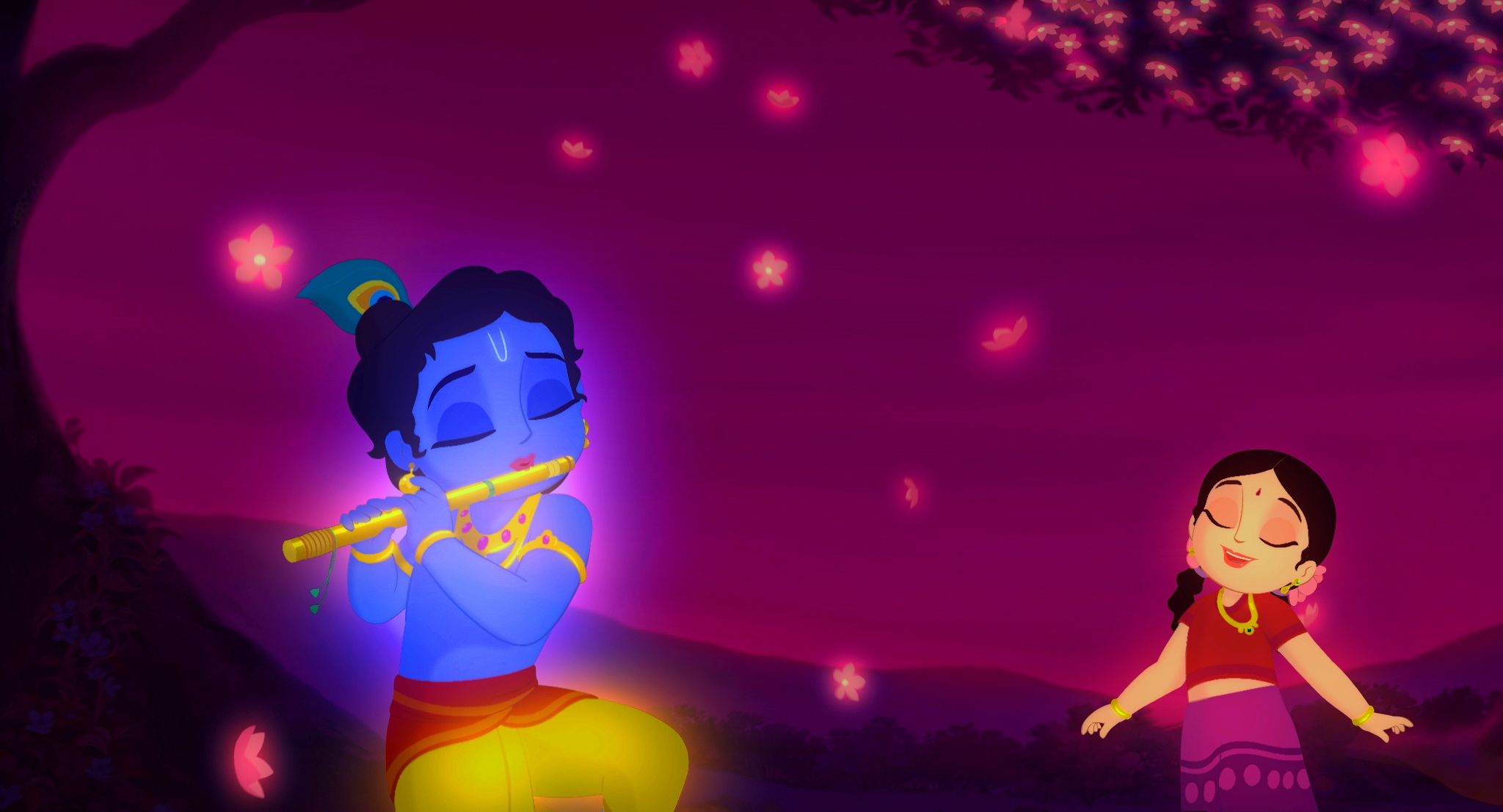 Lord Krishna Playing Flute With Radha Wallpaper