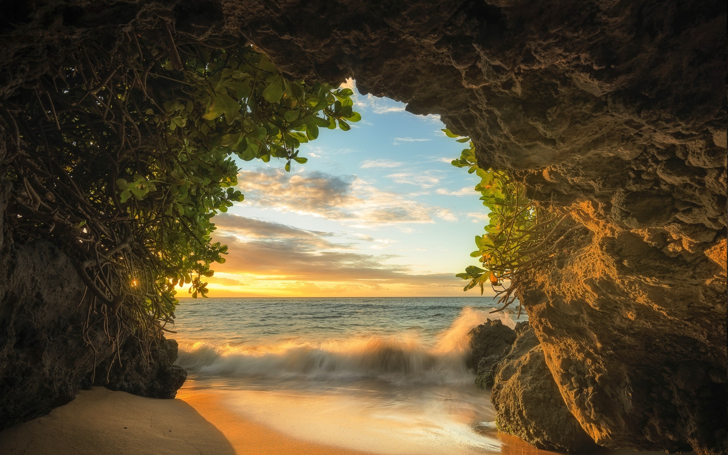 nature, Landscape, Beach, Cave, Sea, Sunset, Sand, Clouds, Maui, Island, Shrubs Wallpaper HD / Desktop and Mobile Background