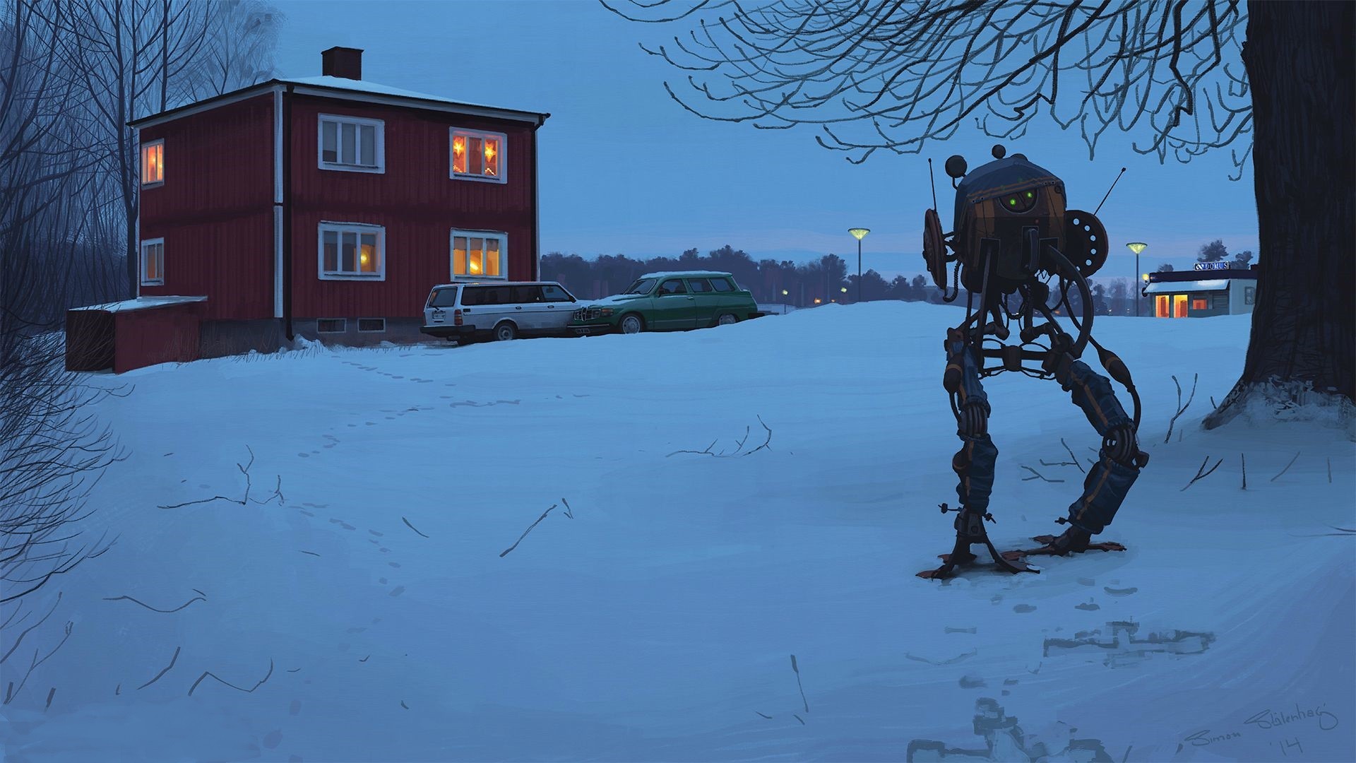 #science fiction, #snow, #mech, #artwork, #Simon Stålenhag, wallpaper. Mocah HD Wallpaper