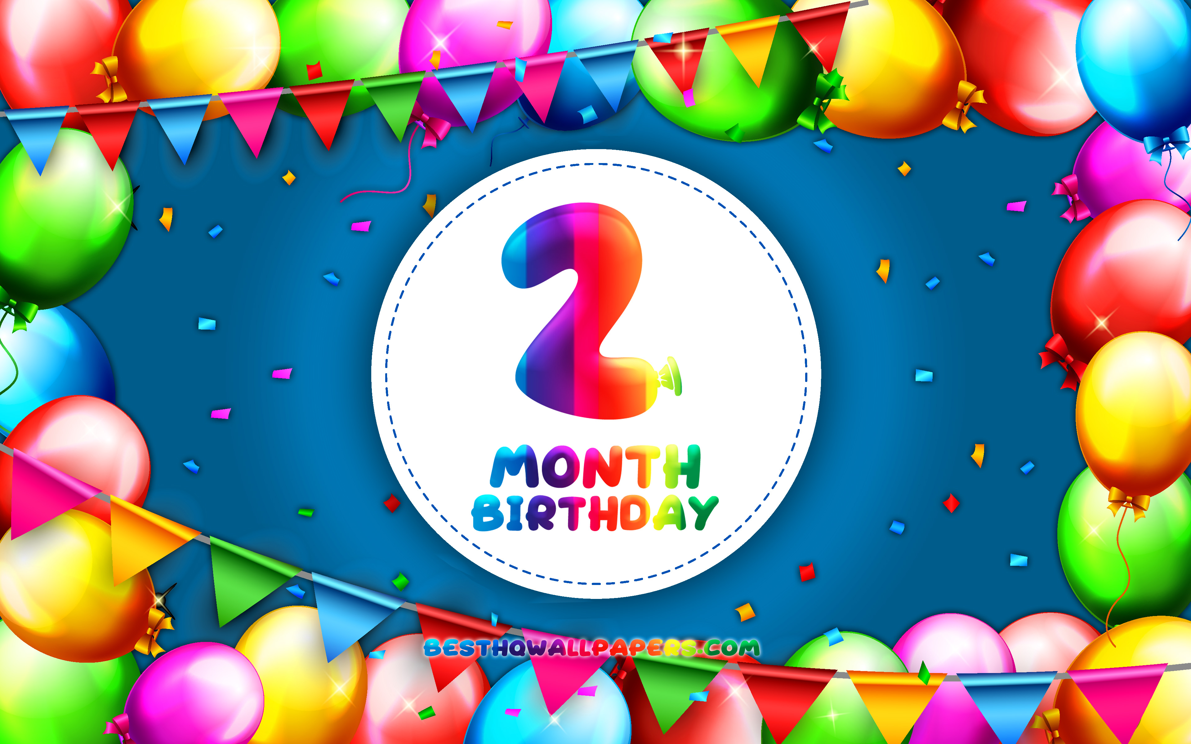 Download wallpaper Happy 2nd Month birthday, 4k, colorful balloon frame, 2 month of my boy, blue background, Happy 2 Month Birthday, creative, 2nd Month Birthday, Birthday concept, 2 Month Son Birthday for