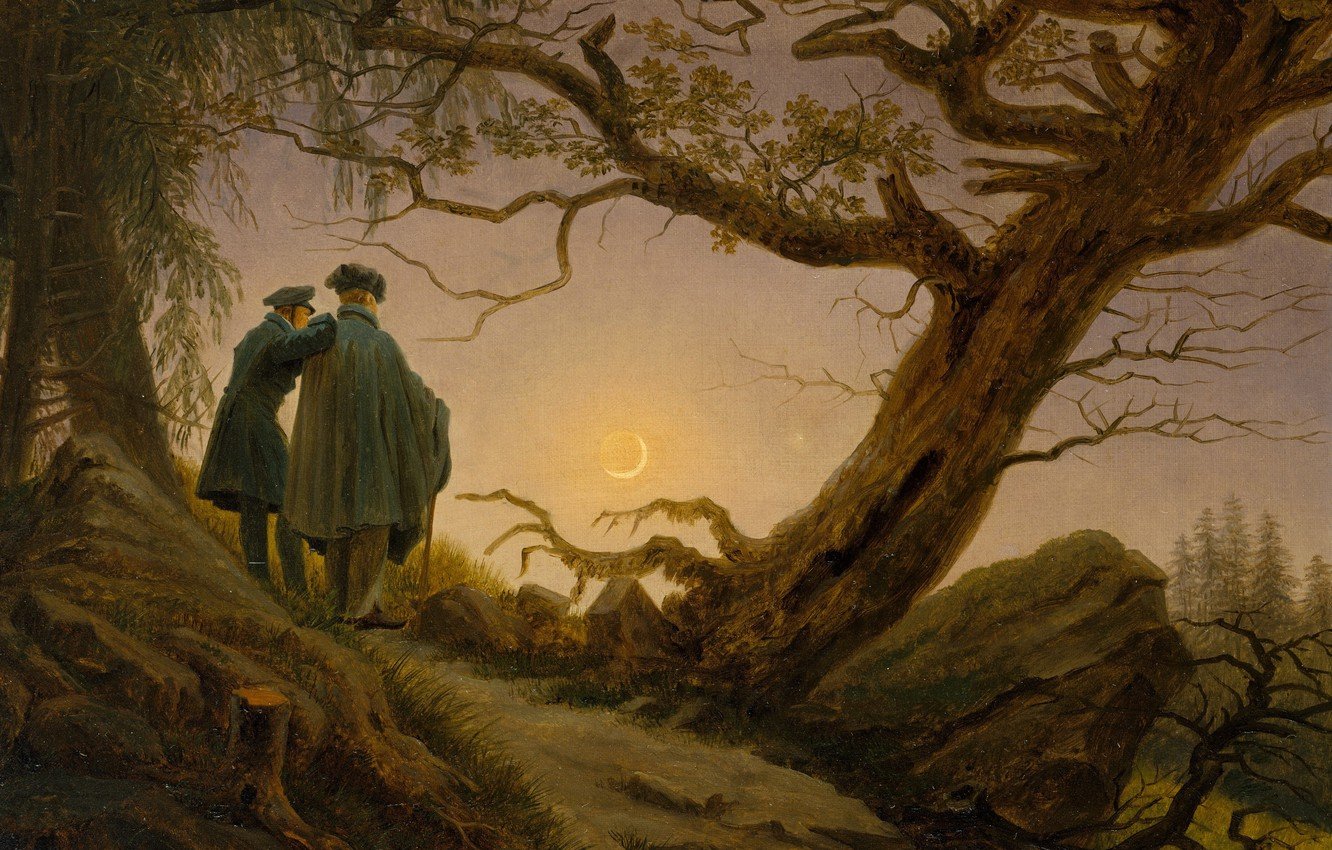 Wallpaper landscape, tree, picture, Caspar David Friedrich, Two Men Contemplating The Moon image for desktop, section живопись